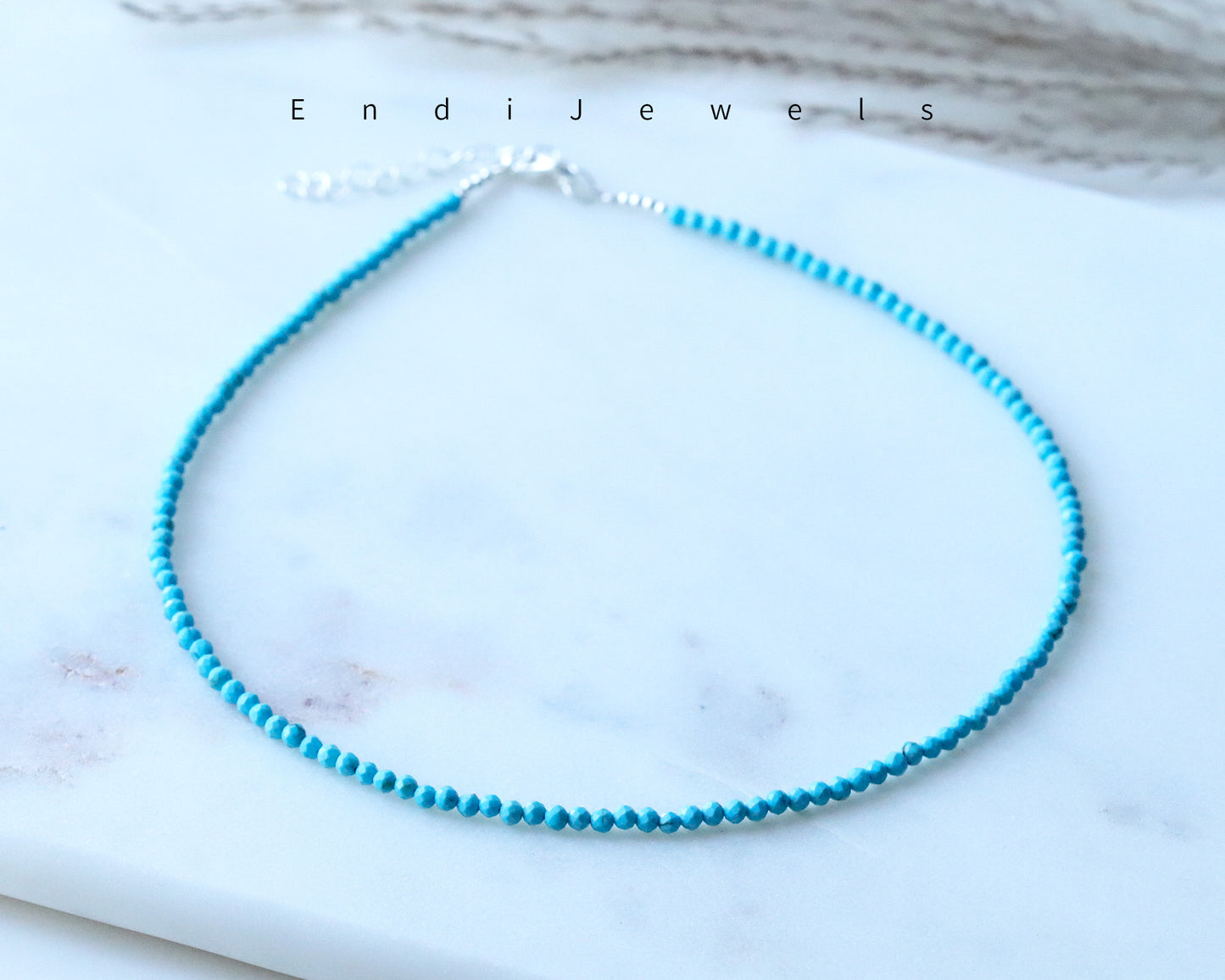 Blue Turquoise 3mm Faceted Beaded Choker, Bracelet, Natural Gemstones