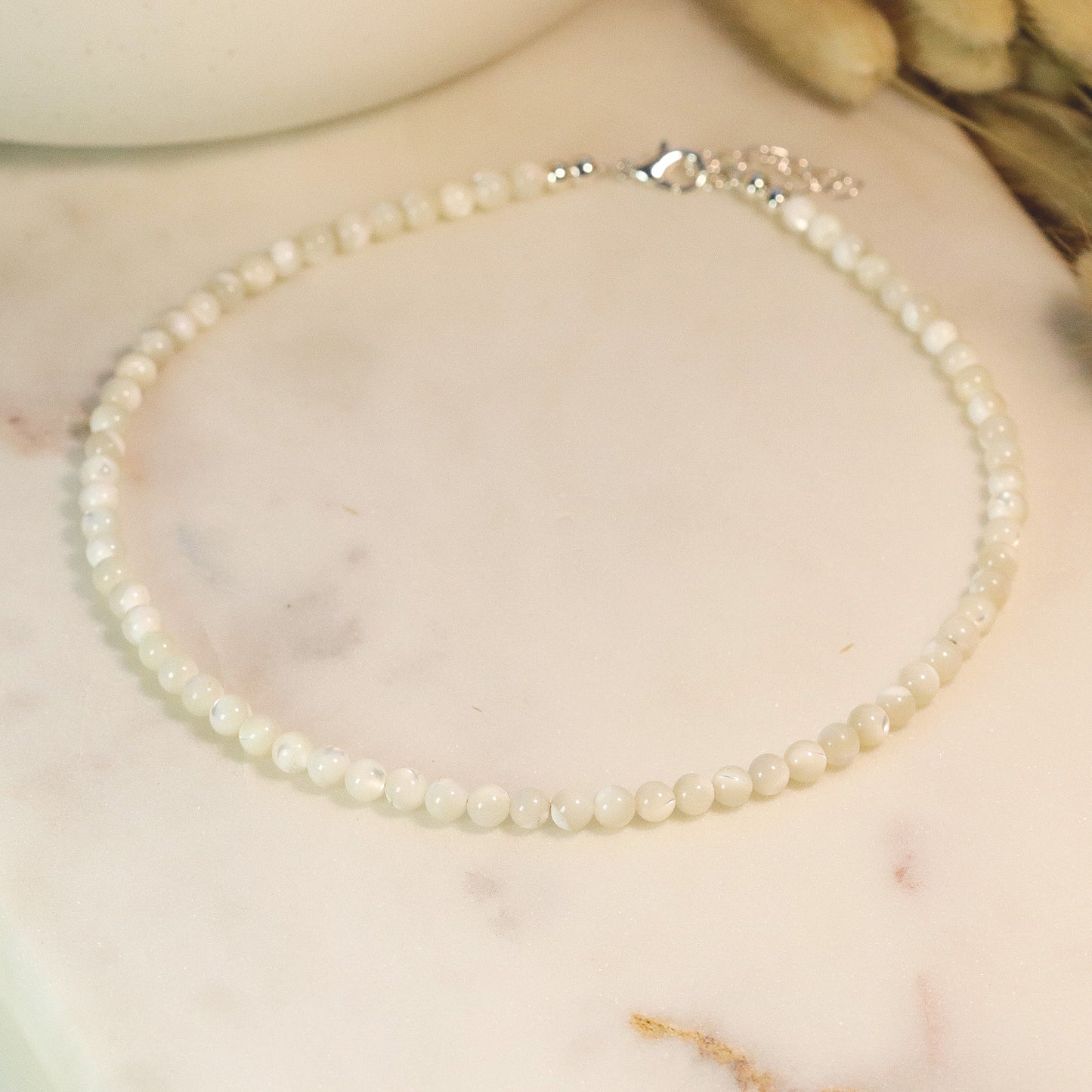 Natural White Shell 4mm Round Beaded Necklace, Bracelet