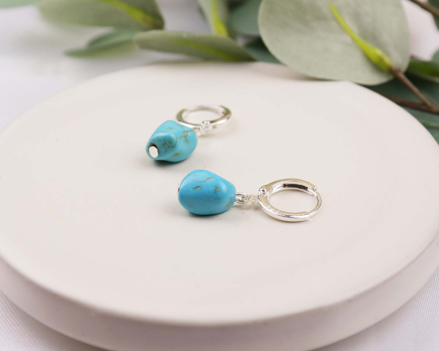 Blue Turquoise Stone Beaded Earrings, Dangle Drop Earrings, Hoop Earrings