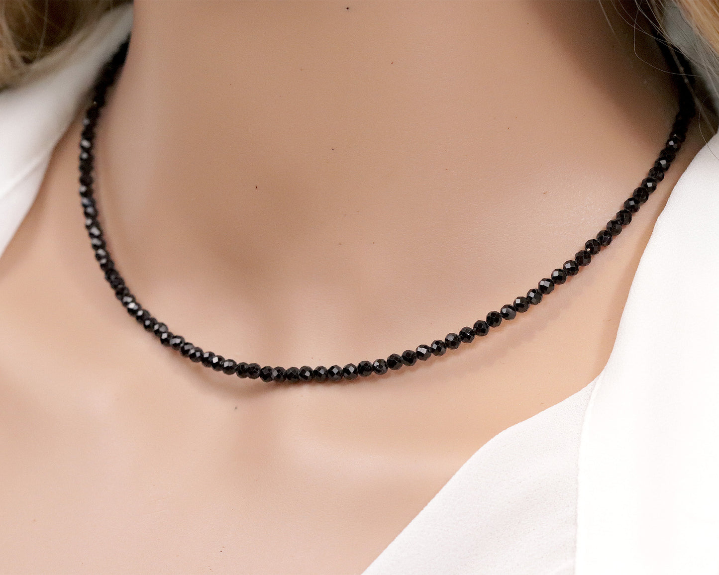 Black Spinel 3mm Faceted Beaded Choker, Bracelet, Natural Gemstones