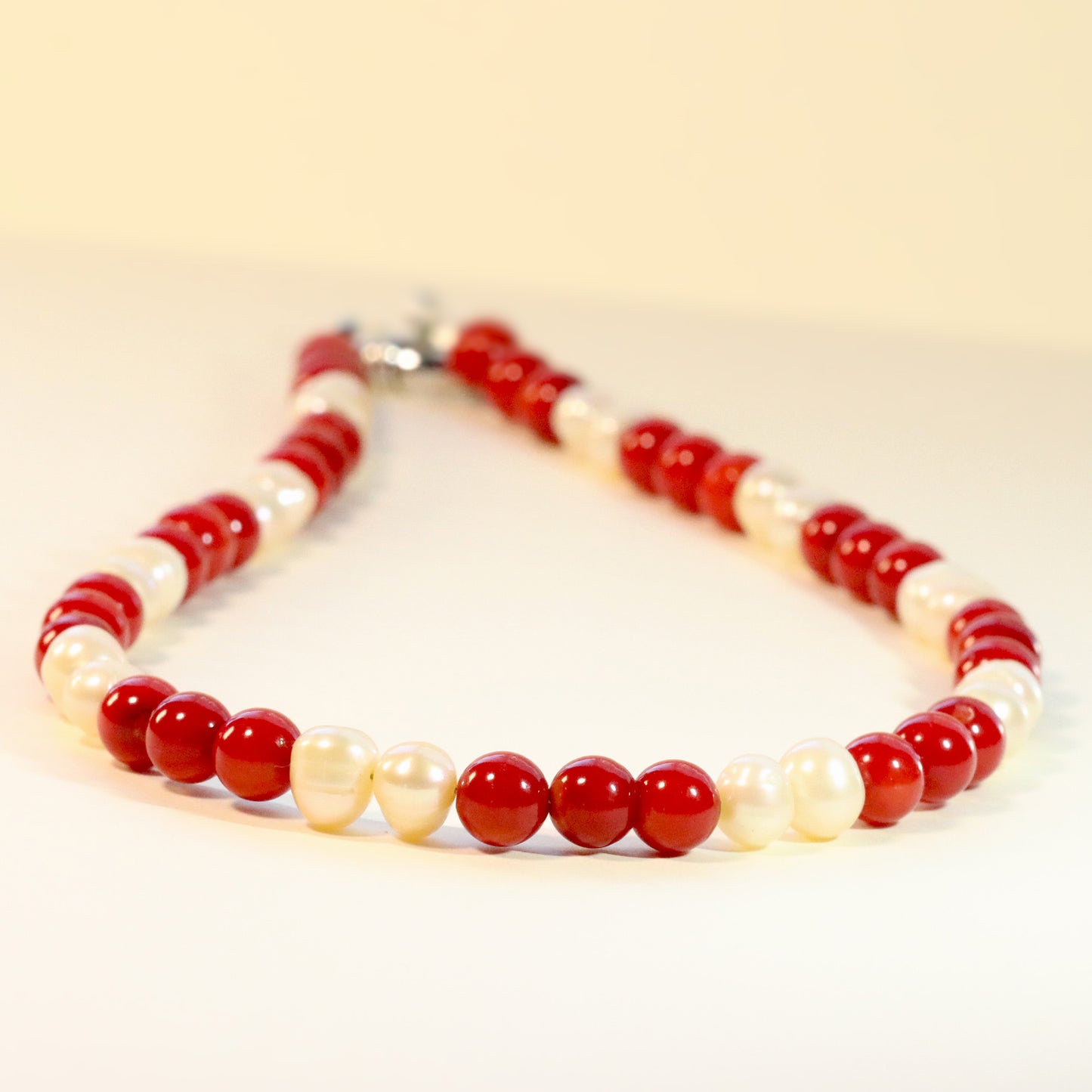 Red Coral and White Pearl 6mm Beaded Necklace