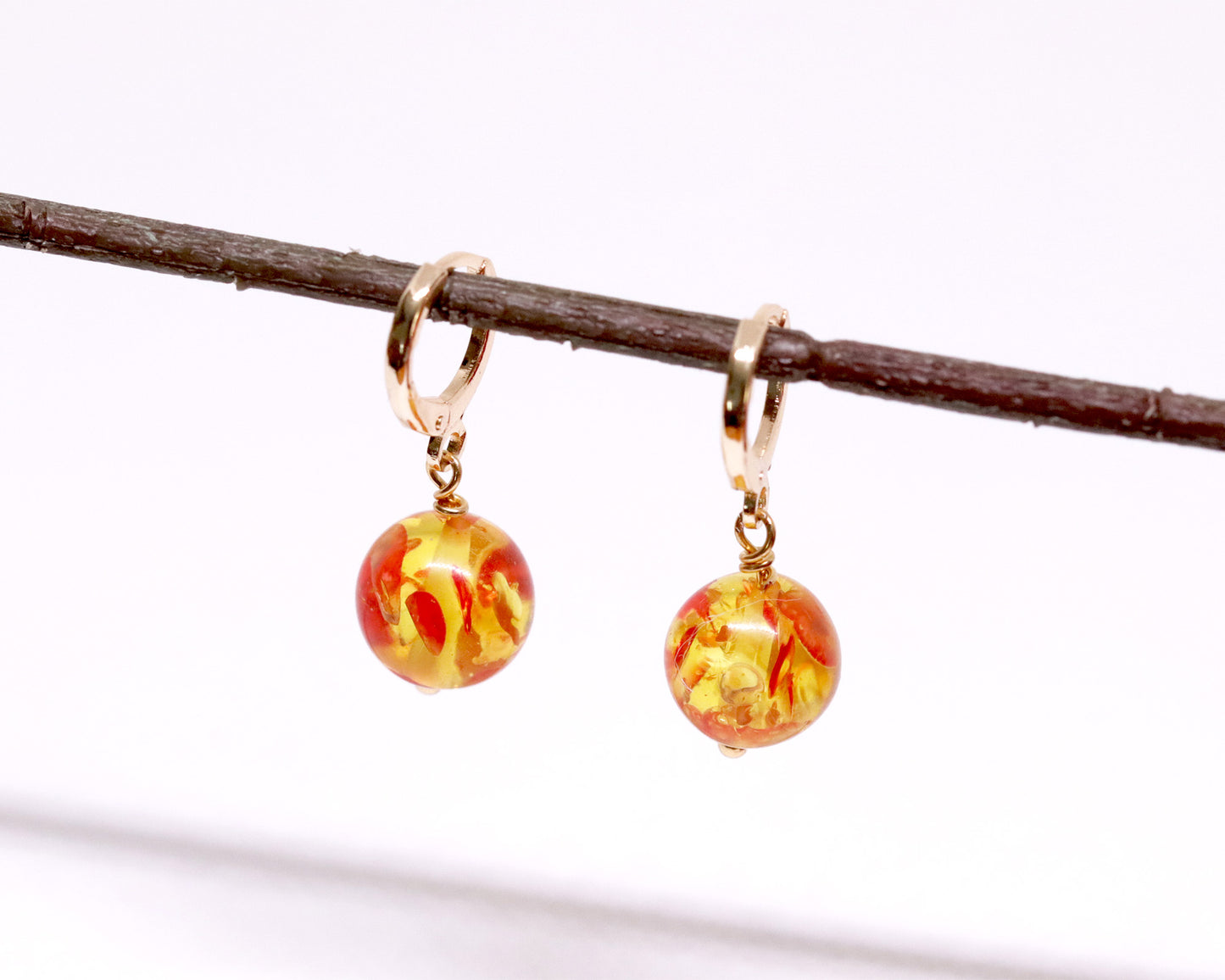 Sparkling Amber 10mm Round Bead Drop Dangle Earrings, Natural Gemstones Gold Beads, Handmade Earrings, Daily Wearing