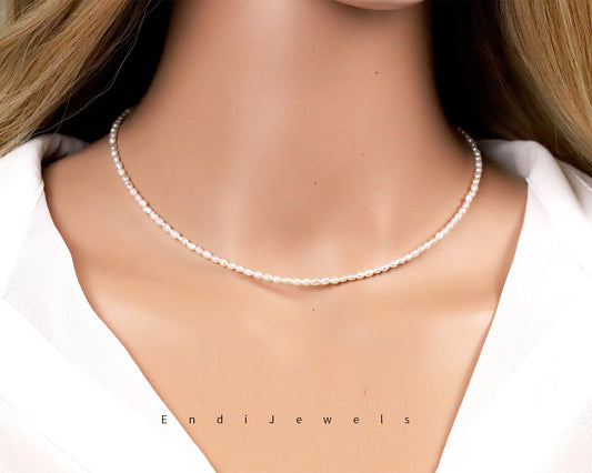 White Freshwater Rice Pearls, Tiny 2mm Pearl Choker, Real Natural Pearl Beads