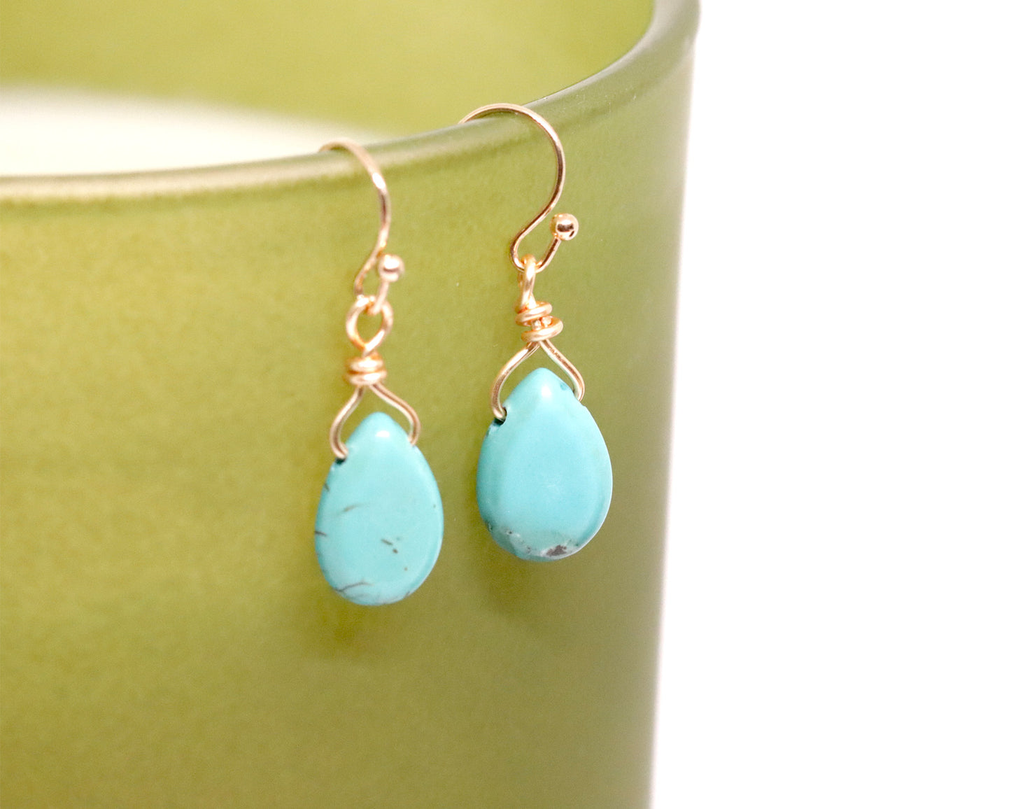 Natural Green Turquoise Teardrop-shaped Drop Earrings, Genuine Gemstones, Daily Earrings