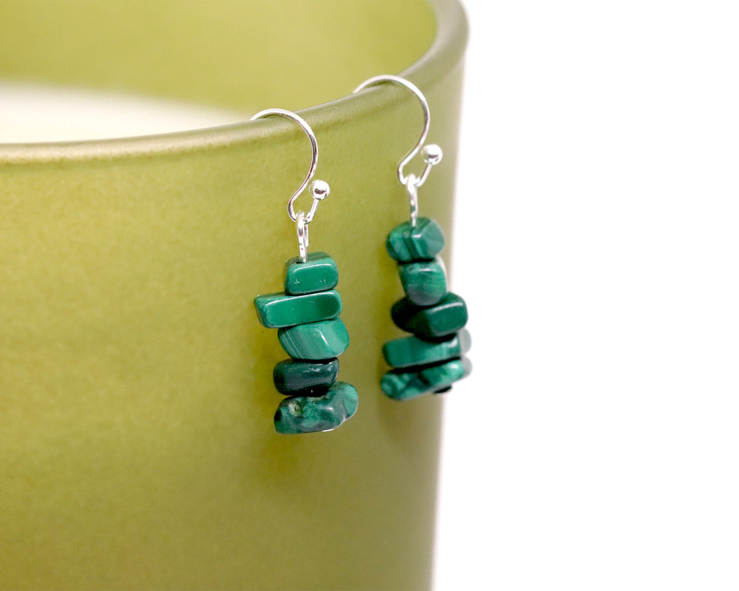 Natural Malachite Drop Earrings, Green Malachite Gemstone Chips Drop Dangle Earrings