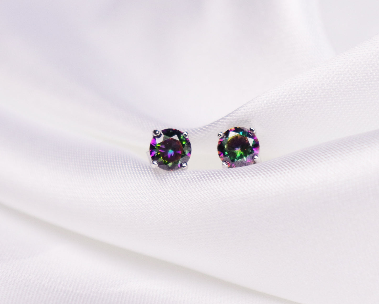 Black Mystic Cubic Zirconia Solitaire Stud Earrings Sterling Silver, Gemstone Earrings