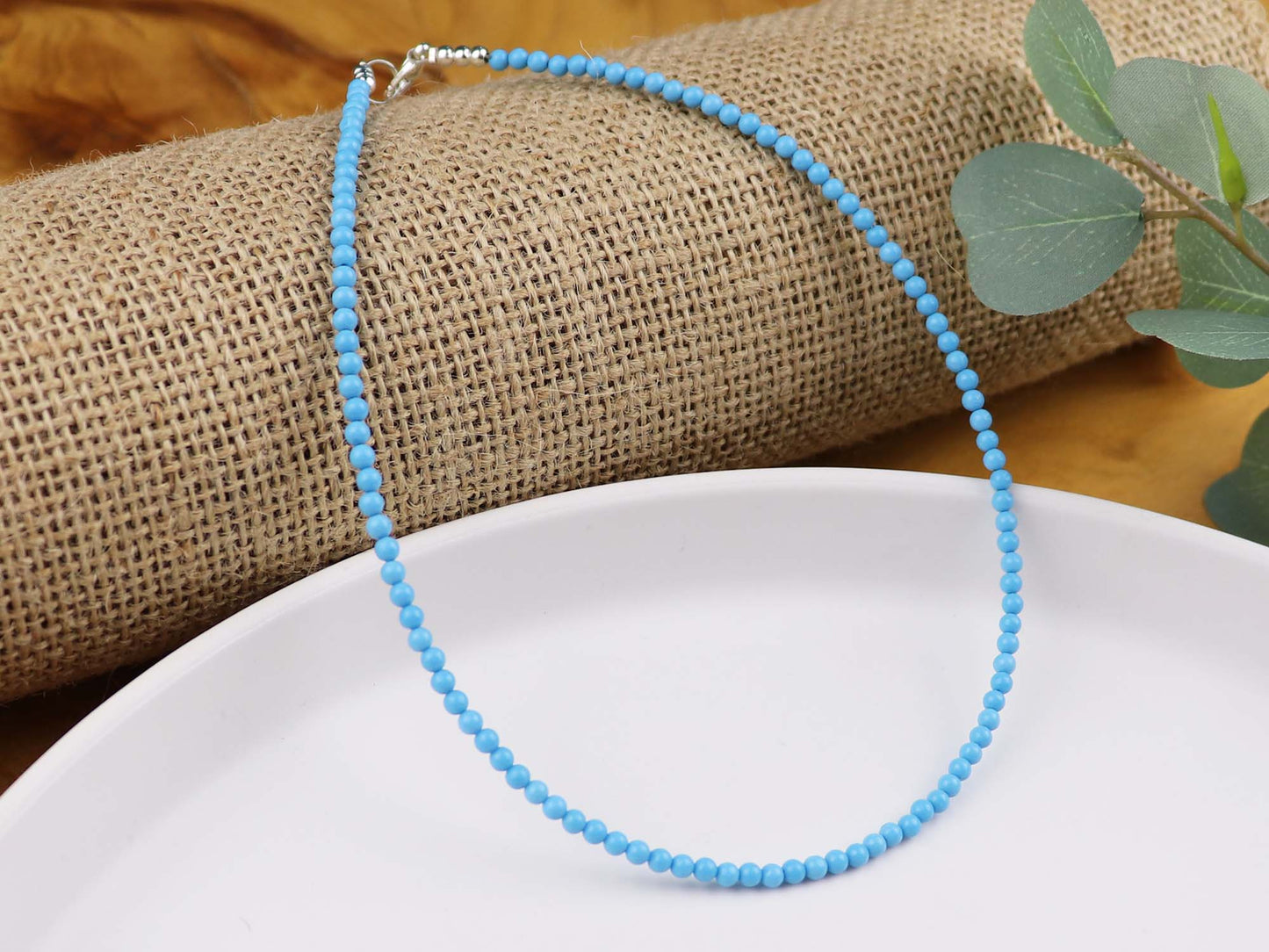 Blue Turquoise 3mm Round Beaded Choker, Bracelet, Natural Gemstones