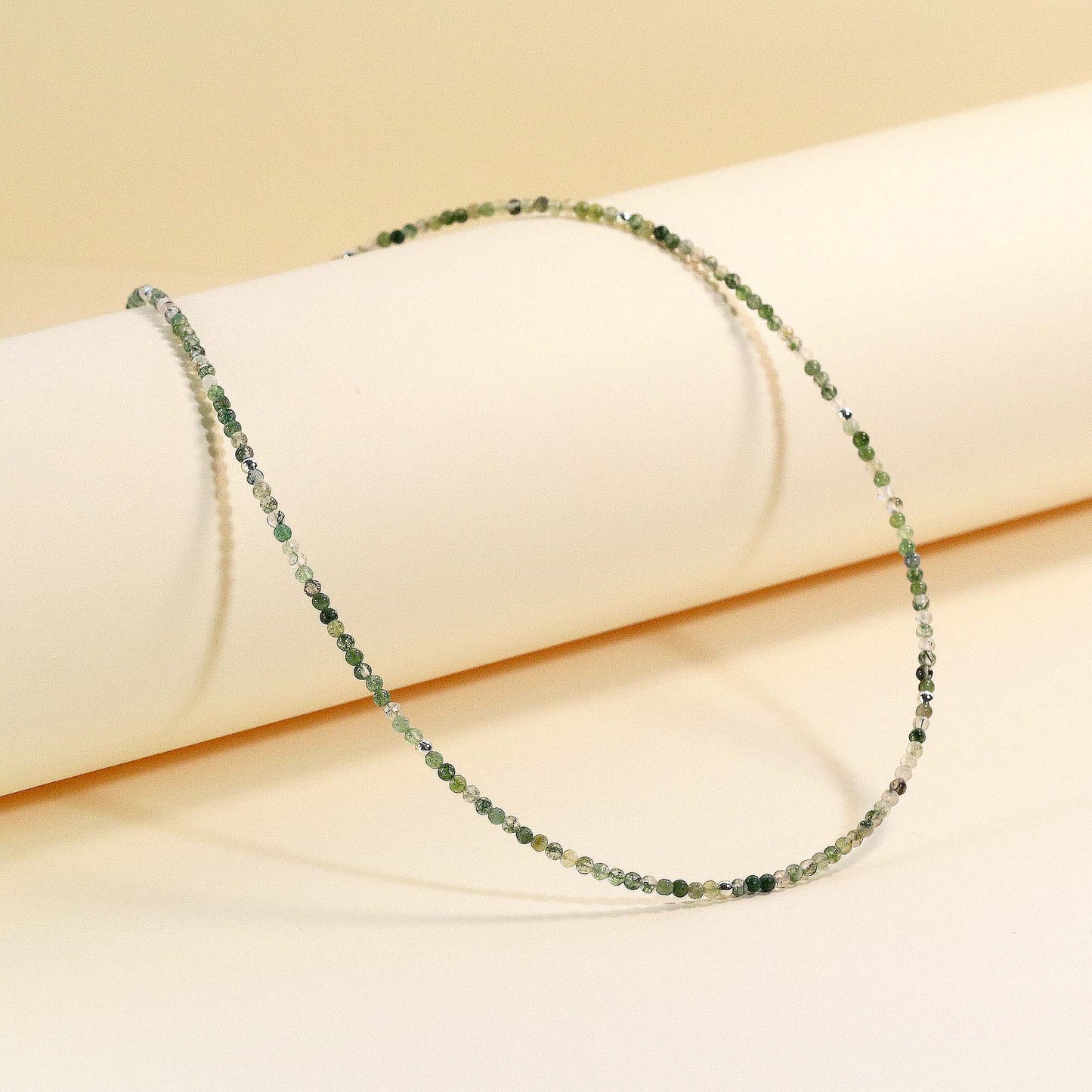 Moss Agate 2mm Round Beaded Choker, Bracelet, Natural Gemstones