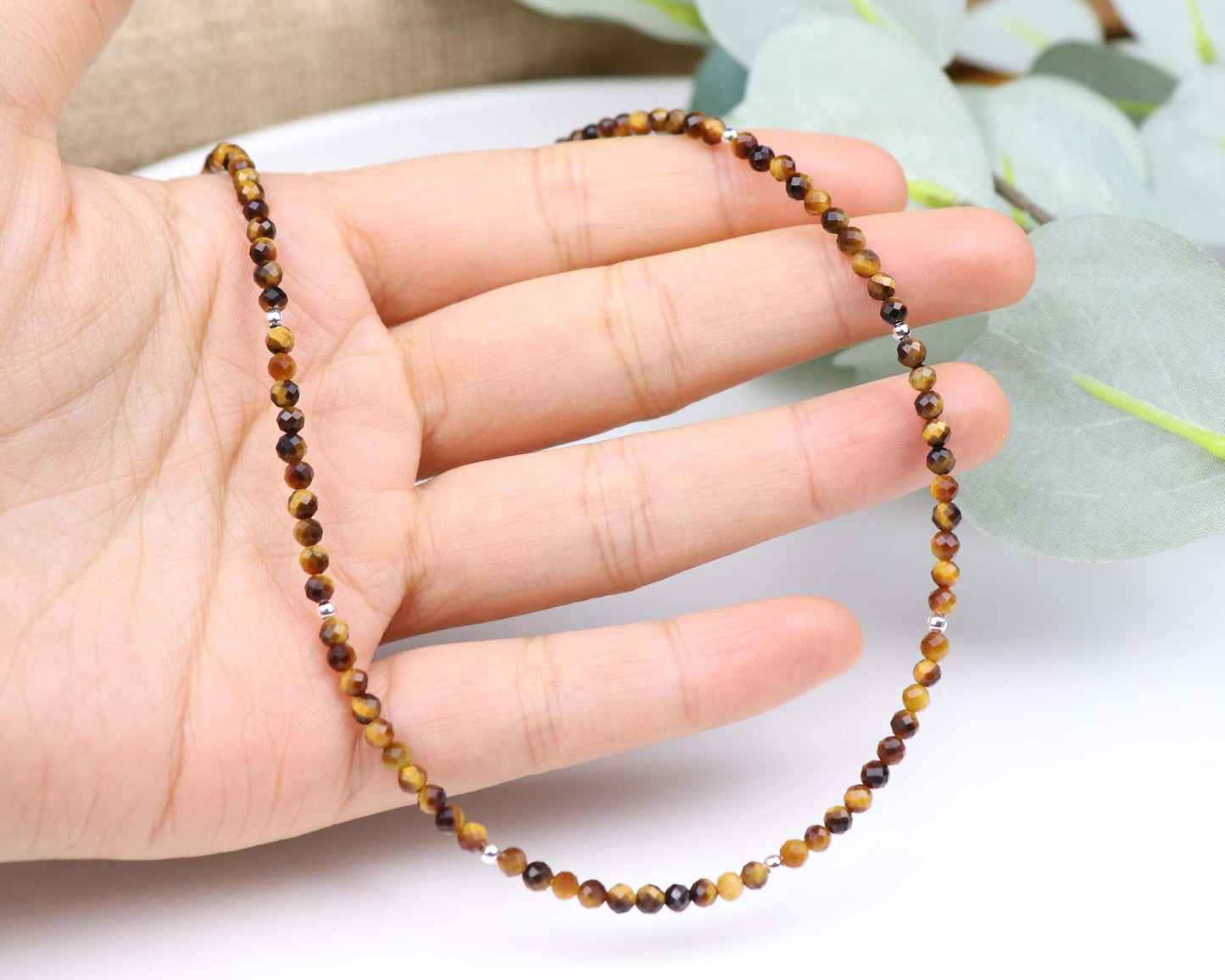 Tiger's Eye 3mm Faceted Beaded Choker, Bracelet, Natural Gemstones