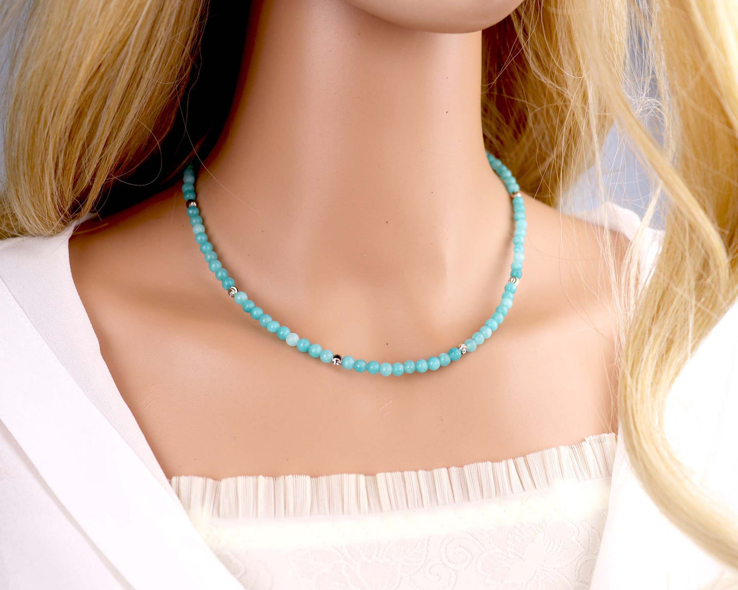 Amazonite 4mm Round Beaded Choker, Bracelet, Natural Blue Gemstones