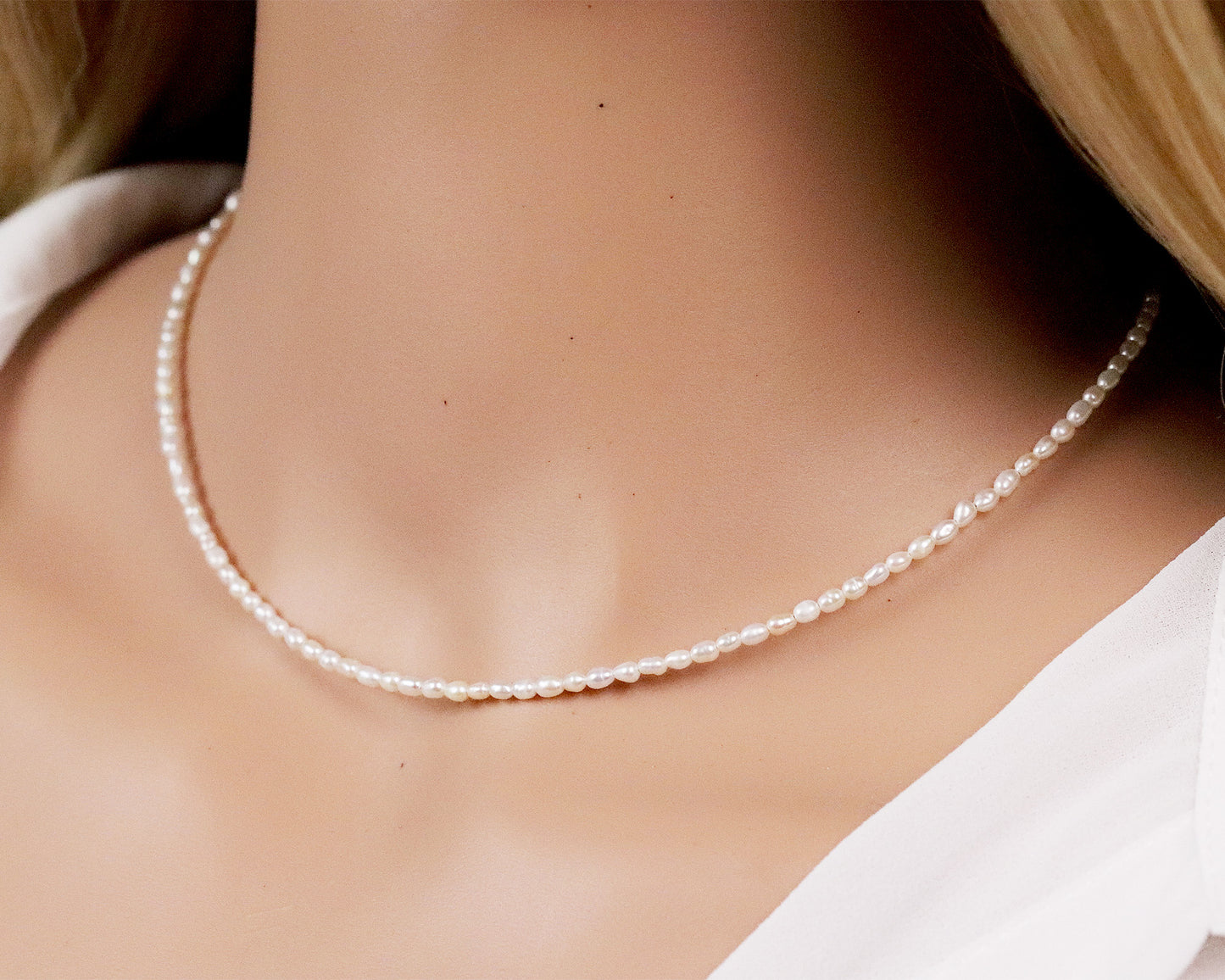 White Freshwater Rice Pearls, Tiny 2mm Pearl Choker, Real Natural Pearl Beads