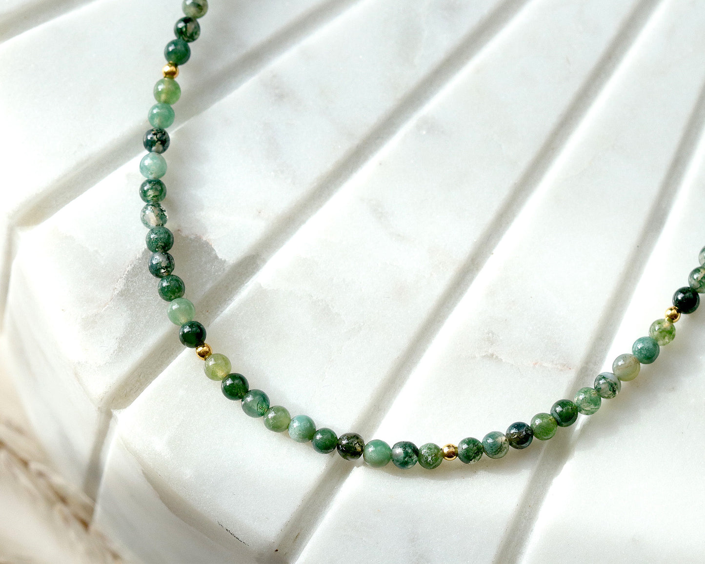 Moss Agate 3mm Round Beaded Choker, Bracelet, Natural Green Gemstones