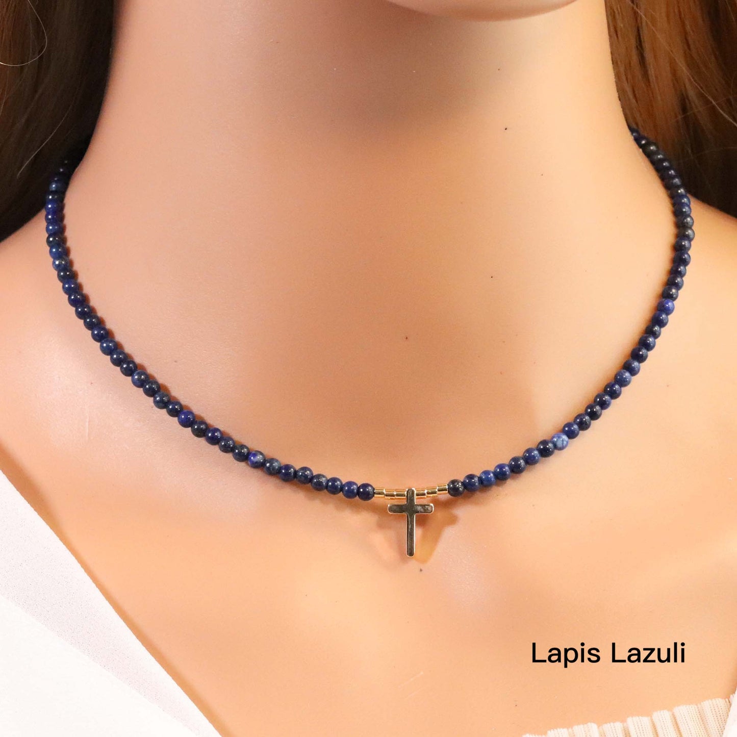 Natural Gemstone Beaded Choker with Cross Pendant, 3mm Beads, Moss Agate, Indian Jasper, Lapis Lazuli, Tiger's Eye