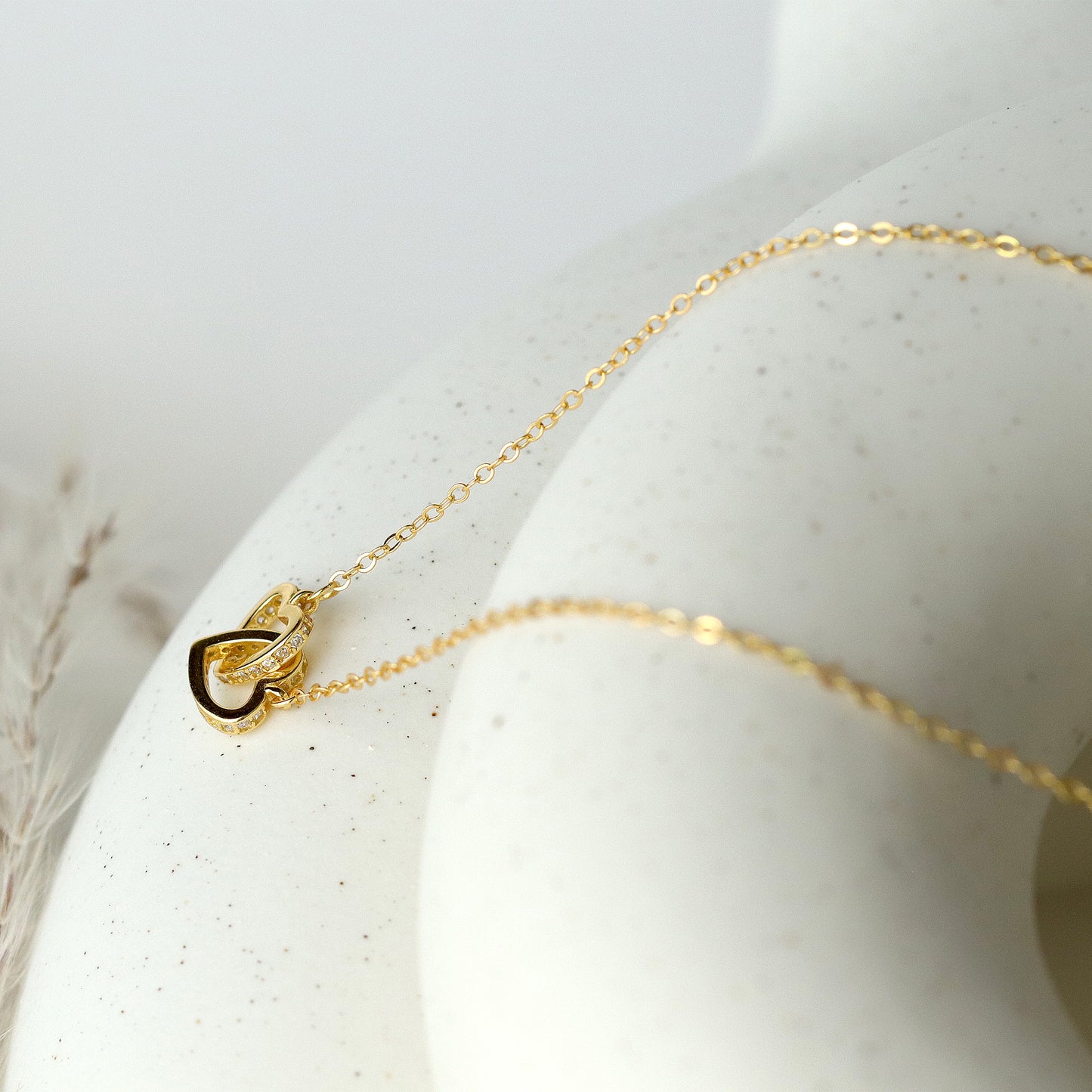 Two Hearts Dainty Gold Chain Choker, 925 Sterling Silver 18K Chain, Minimalist Style