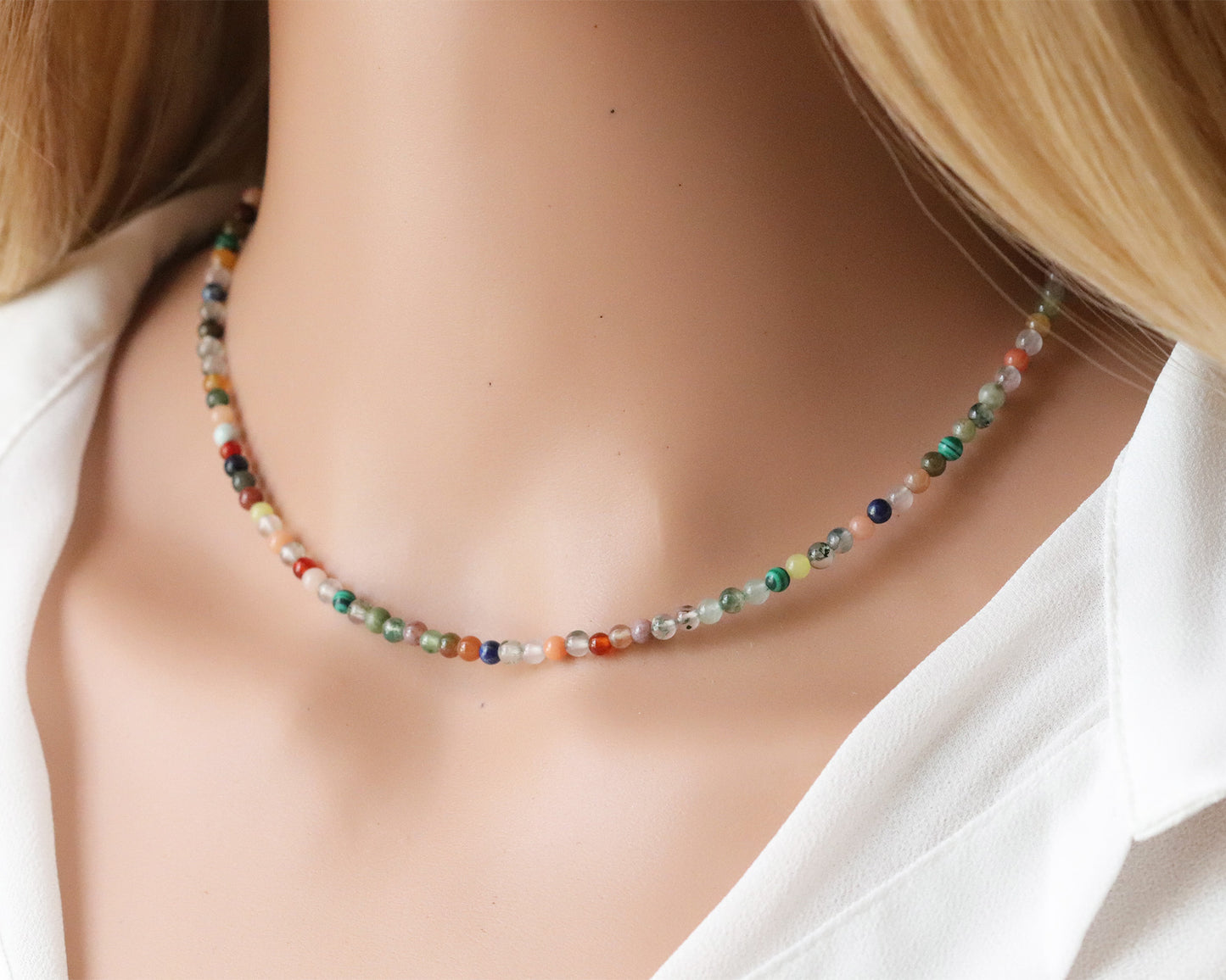 Natural Gemstone Mixed 3mm Round Beaded Choker, Bracelet, Colorful Beads