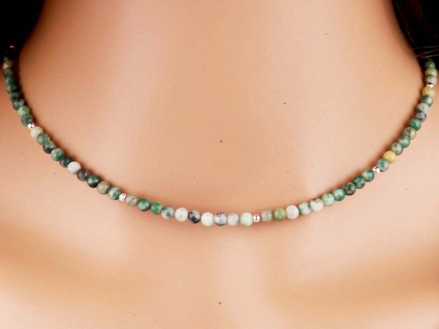 Green Jade 3mm Round Beaded Choker, Bracelet, Natural Gemstones