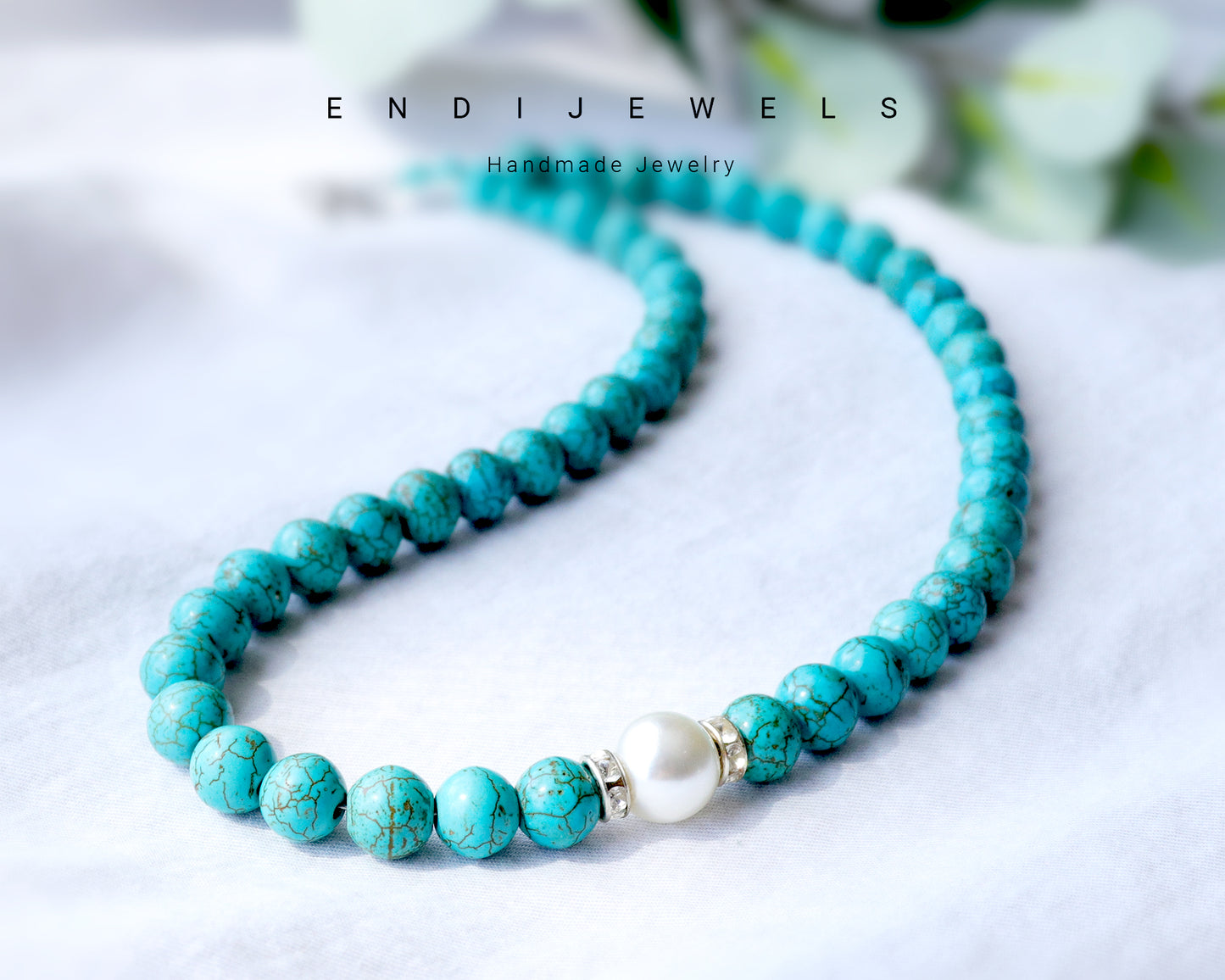 Green Turquoise 10mm Round Beads with White Pearl Necklace