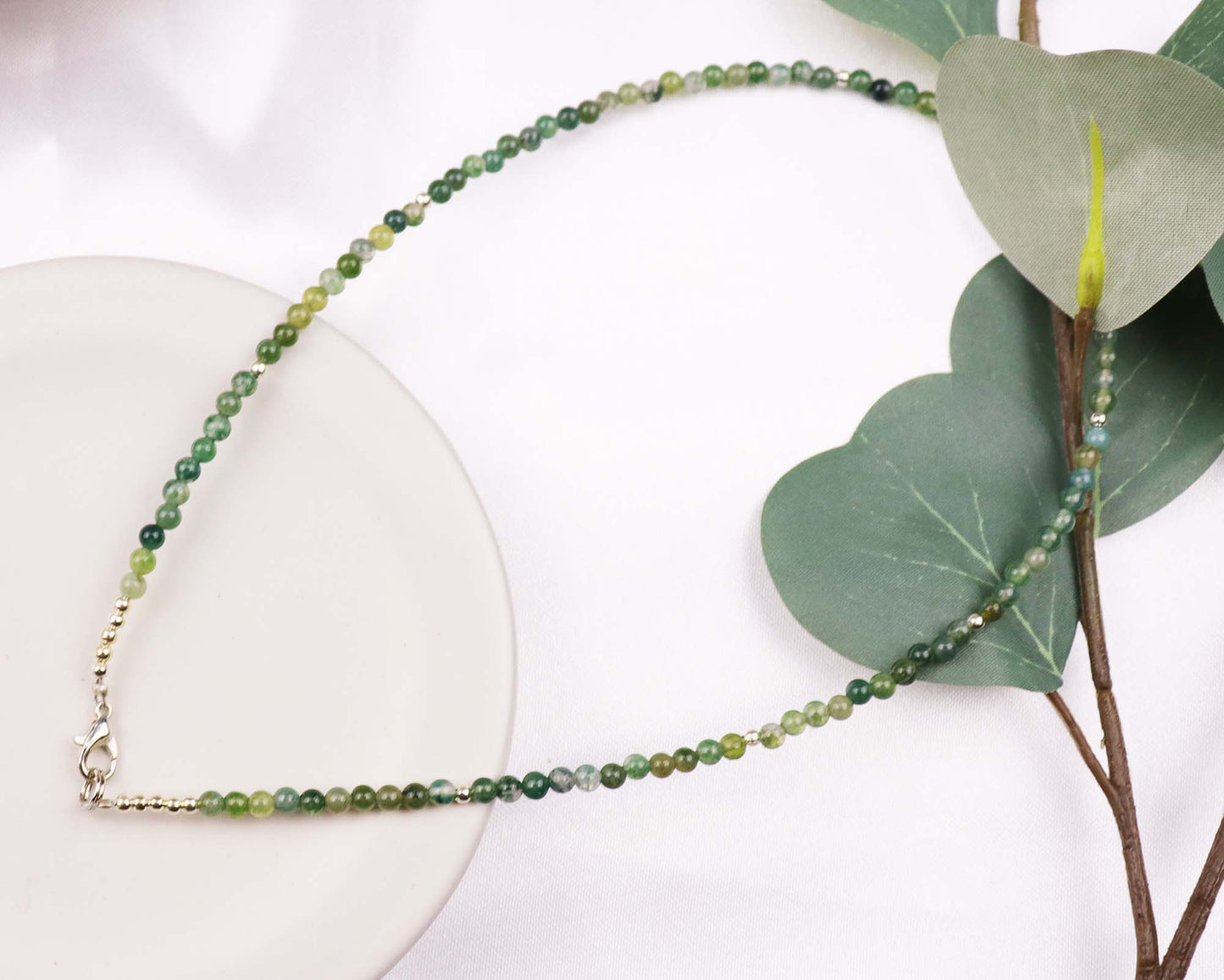 Moss Agate 3mm Round Beaded Choker, Bracelet, Natural Green Gemstones