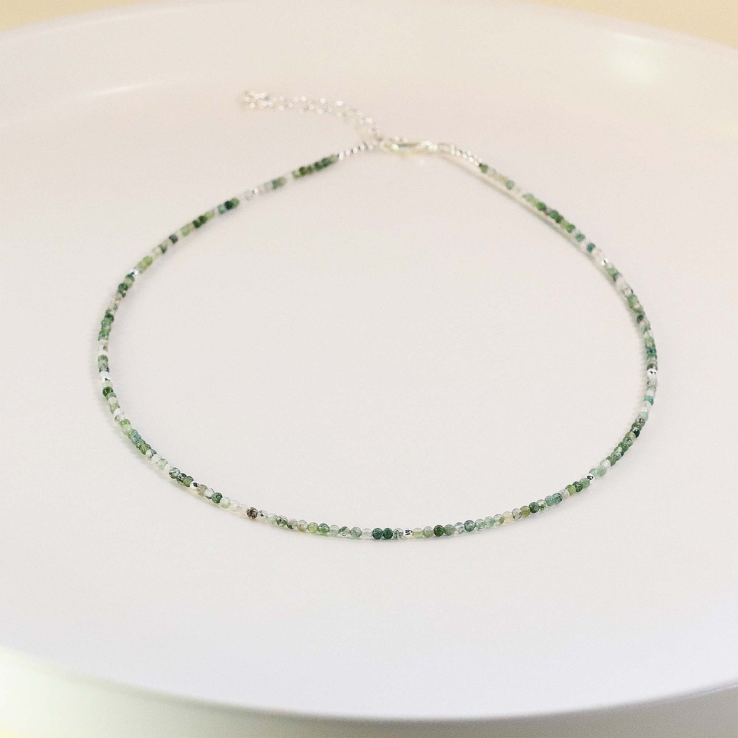 Moss Agate 2mm Round Beaded Choker, Bracelet, Natural Gemstones