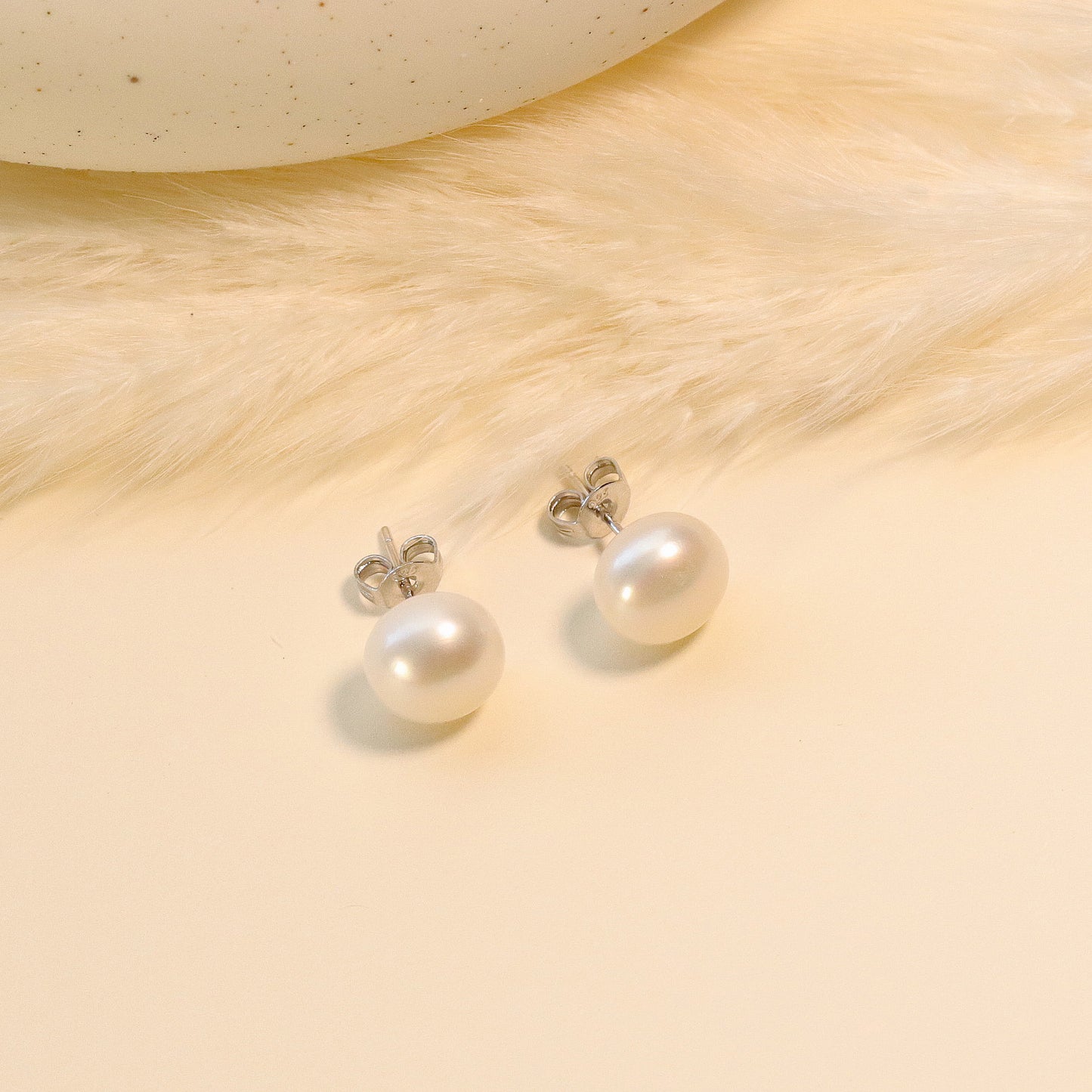 White Freshwater Pearl 10mm Stud Earrings, 925 Sterling Silver, Minimalist Earrings for Daily Wearing