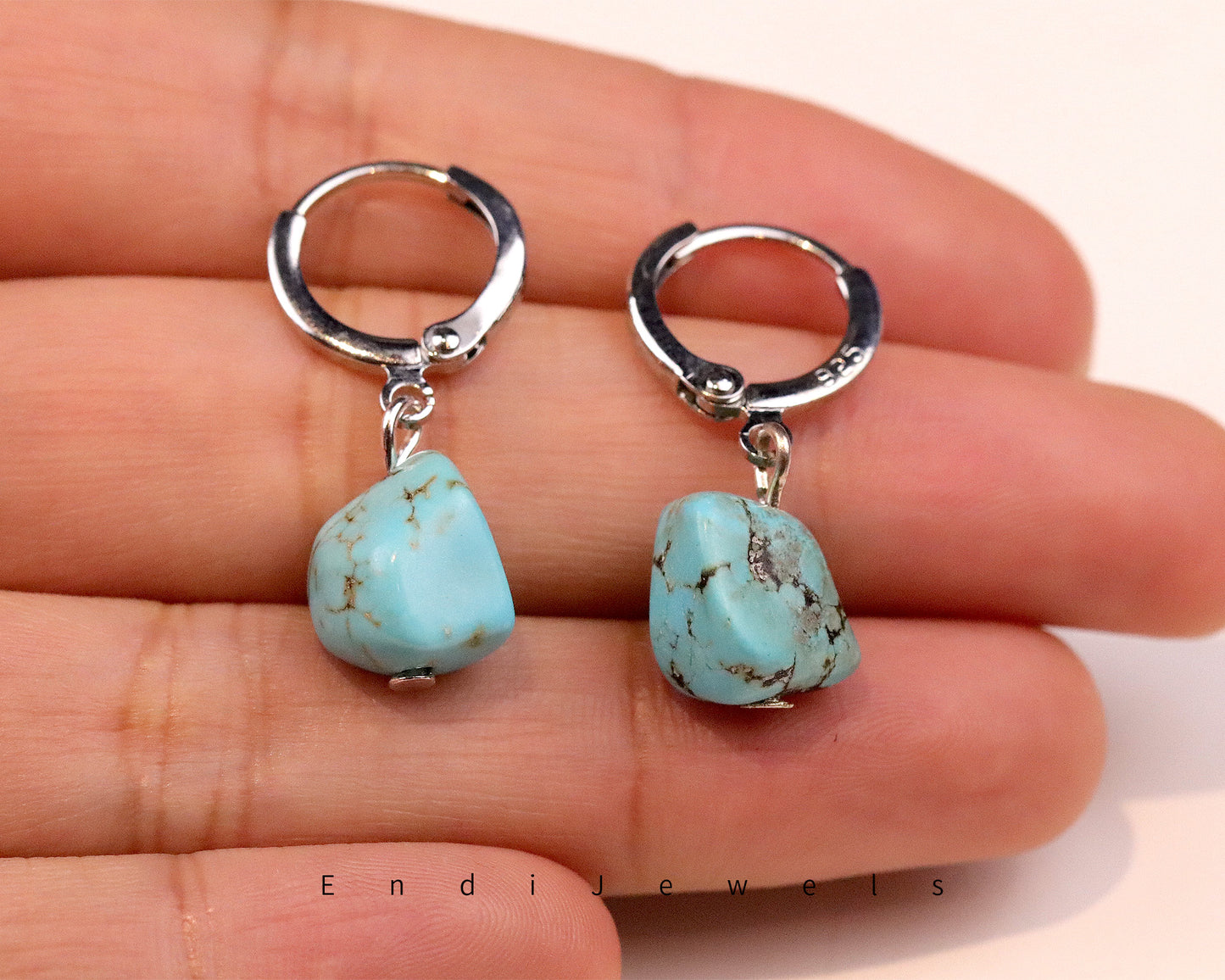 Blue Irregular Turquoise Stone Earrings, Natural Gemstone Drop Earrings