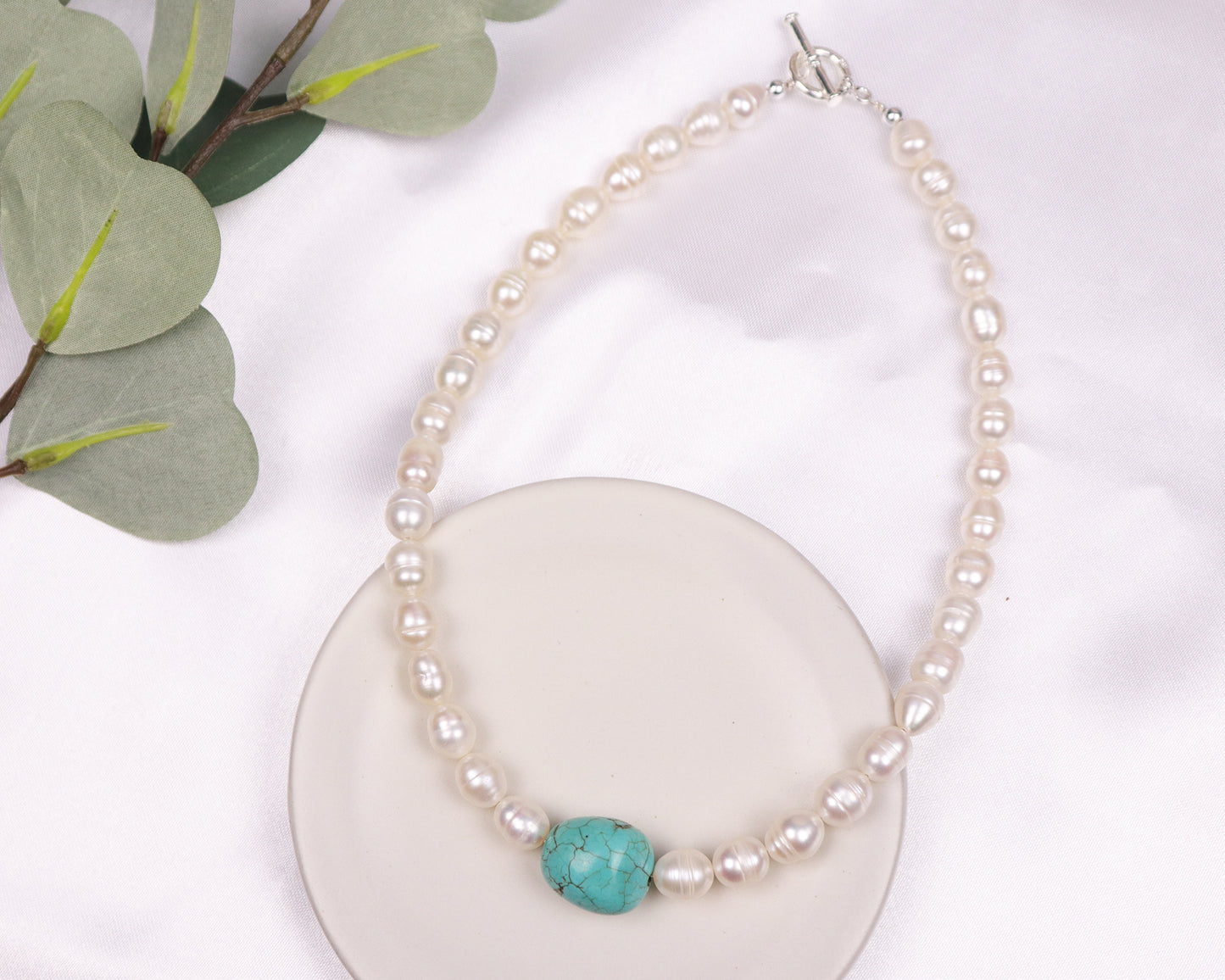 White Freshwater 8mm Pearls with Natural Blue Turquoise Stone Necklace, Real Pearl, Genuine Gemstones