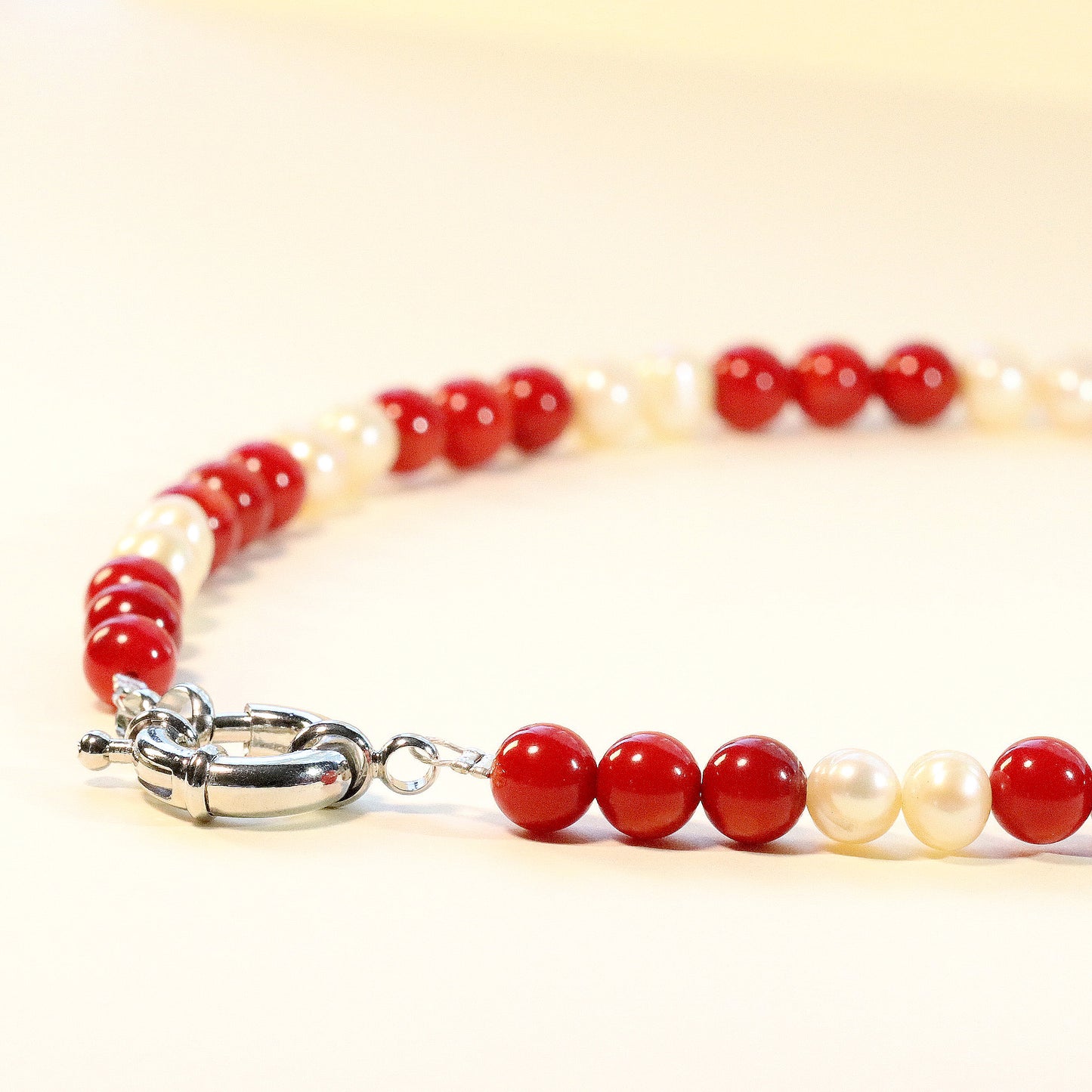 Red Coral and White Pearl 6mm Beaded Necklace