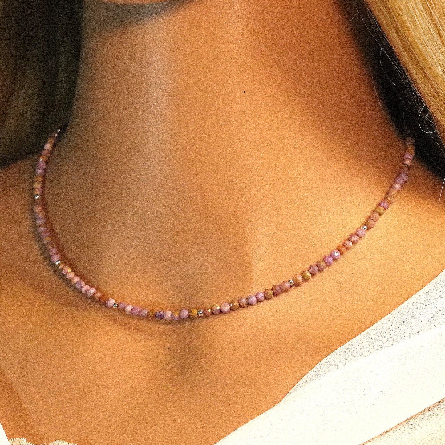 Pink Mica 3mm Faceted Beaded Choker, Bracelet, Natural Gemstones