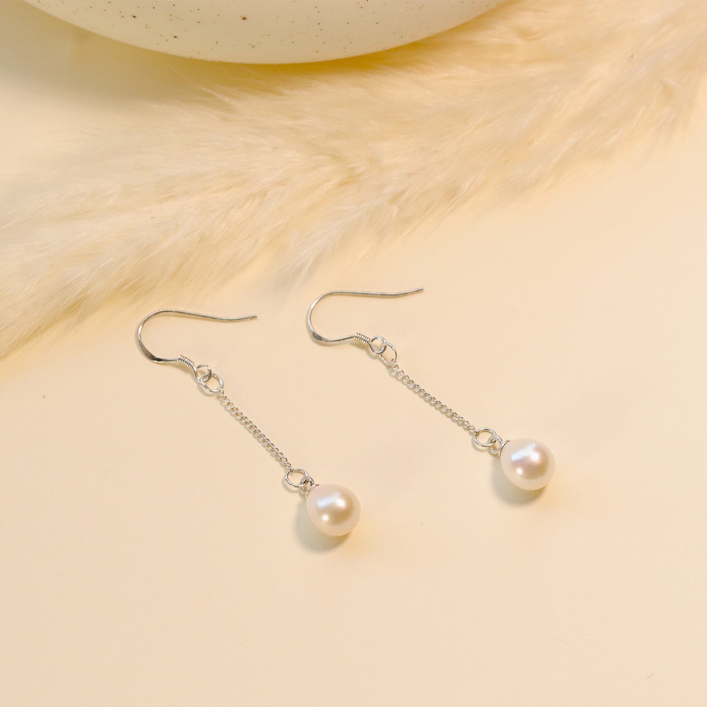 White Freshwater Pearl 8mm Oval-shaped Drop Dangle Earrings, 925 Sterling Silver, Daily Wearing