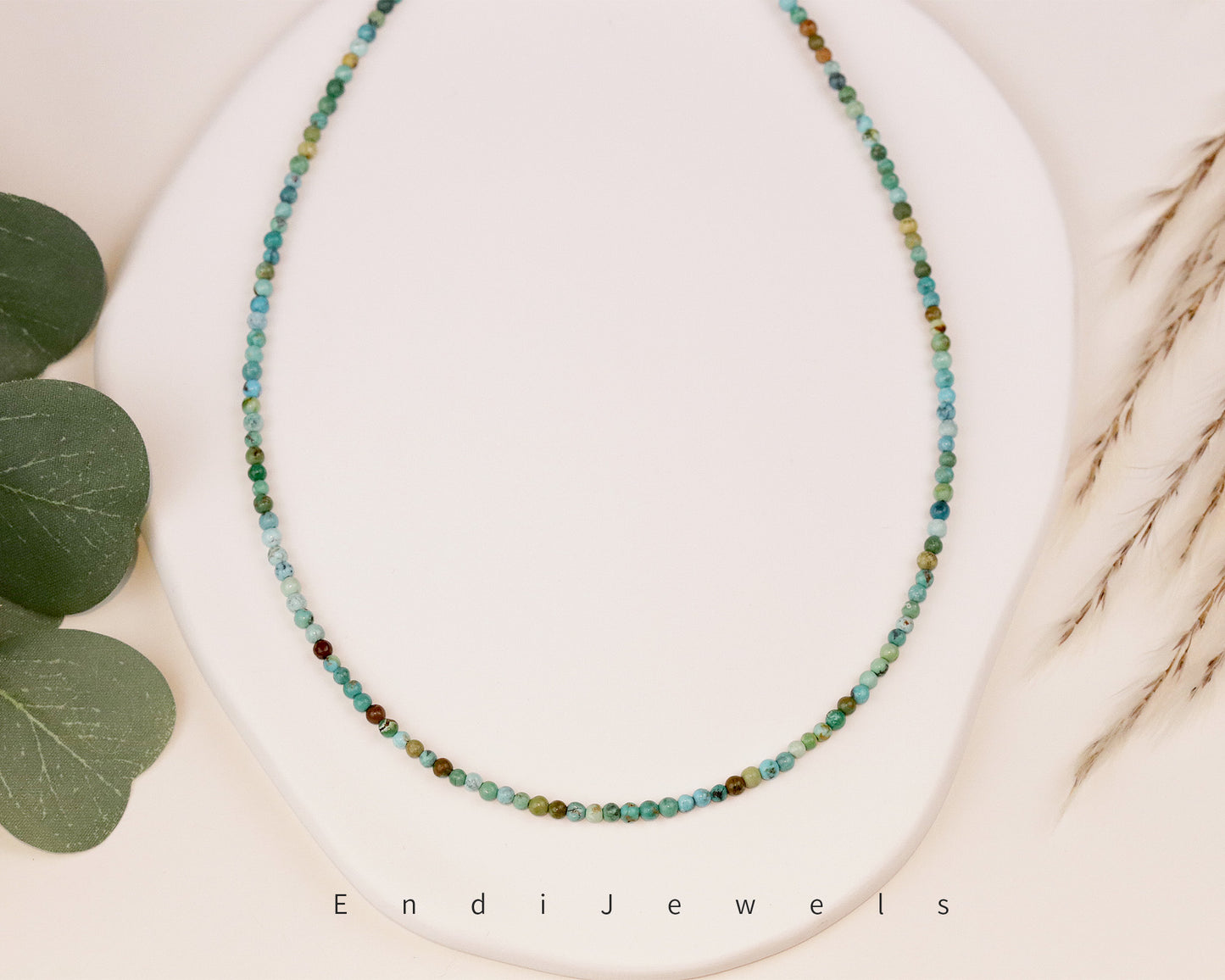 Hubei Turquoise 2mm Round Beaded Choker, Natural Gemstones