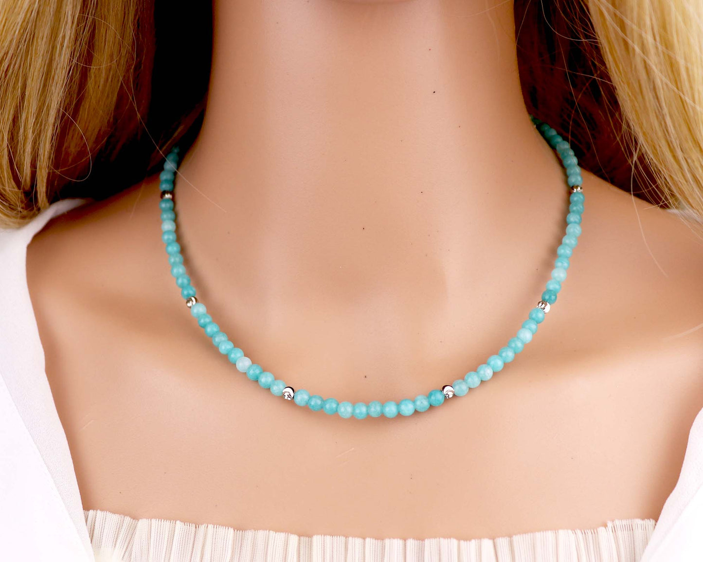 Amazonite 4mm Round Beaded Choker, Bracelet, Natural Blue Gemstones