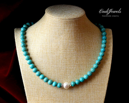 Green Turquoise 10mm Round Beads with White Pearl Necklace