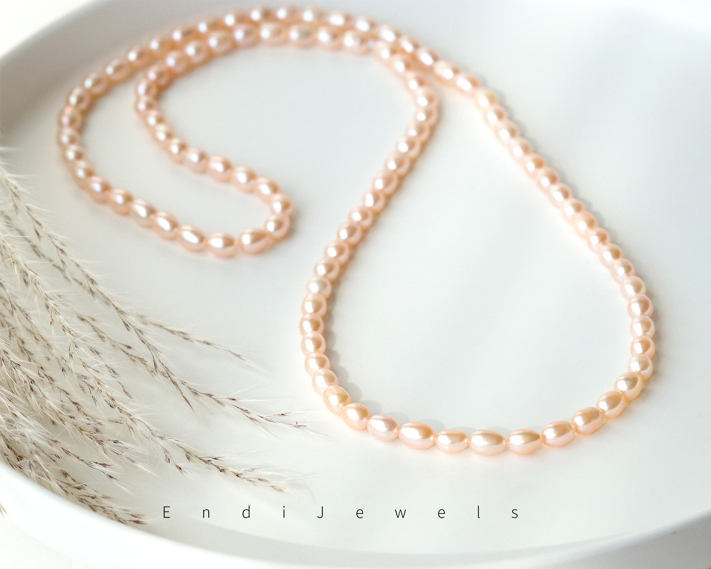 Pink Freshwater 5mm Oval-shaped Beaded Long Necklace, Real Pearls