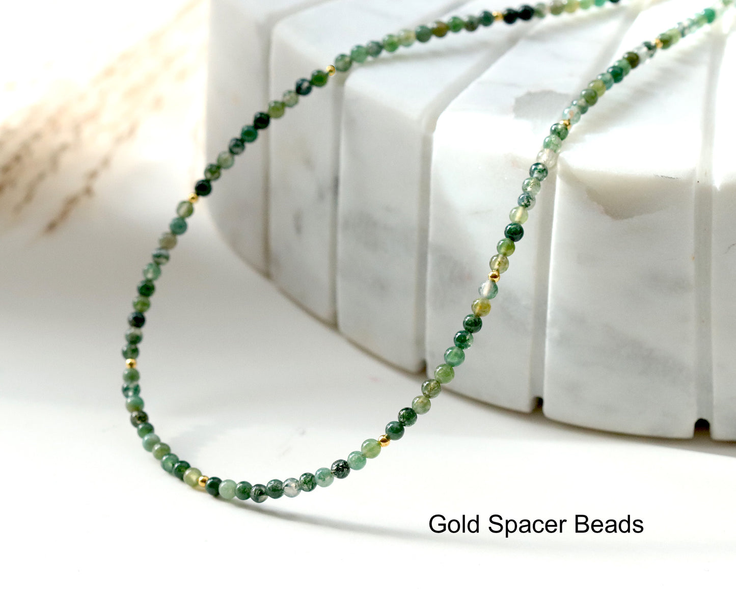 Moss Agate 3mm Round Beaded Choker, Bracelet, Natural Green Gemstones