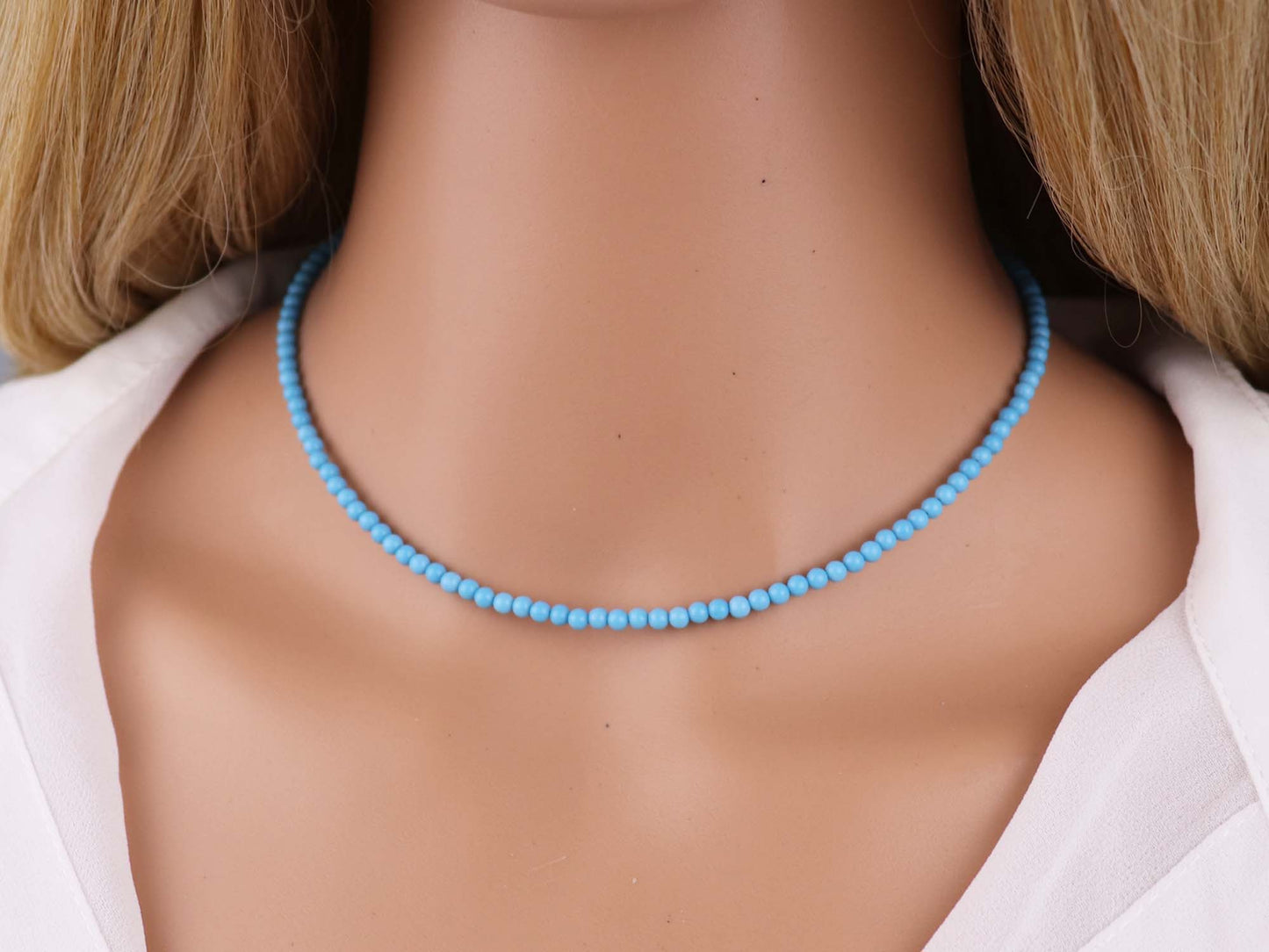 Blue Turquoise 3mm Round Beaded Choker, Bracelet, Natural Gemstones