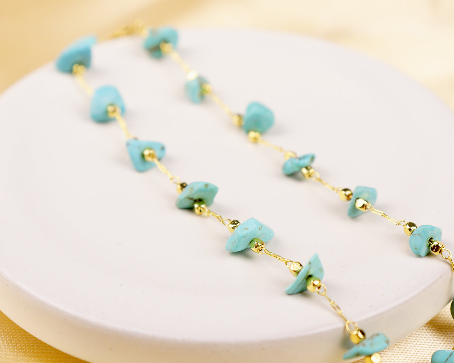 Blue Turquoise Irregular Chips Gold Chain Choker, Natural Gemstones