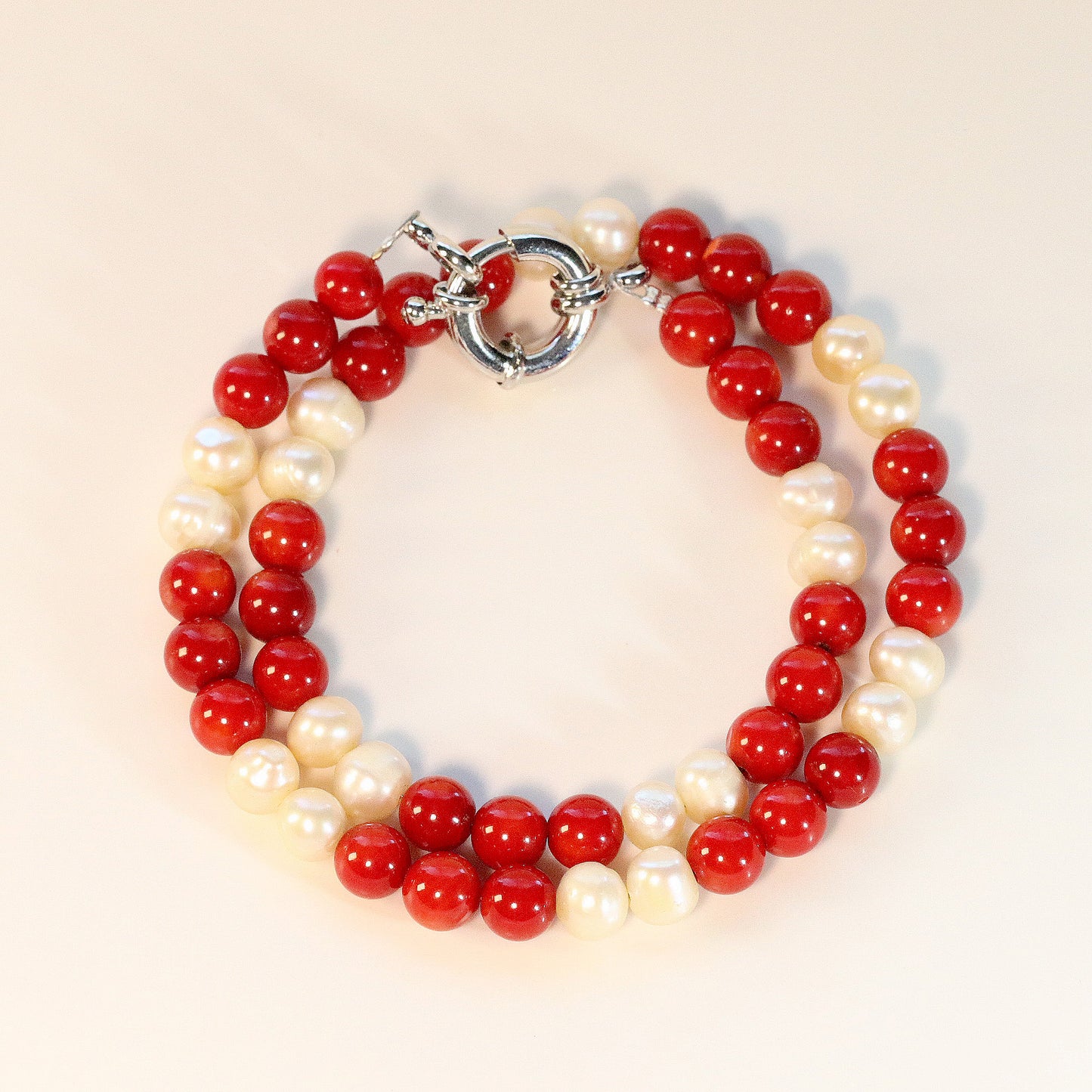 Red Coral and White Pearl 6mm Beaded Necklace