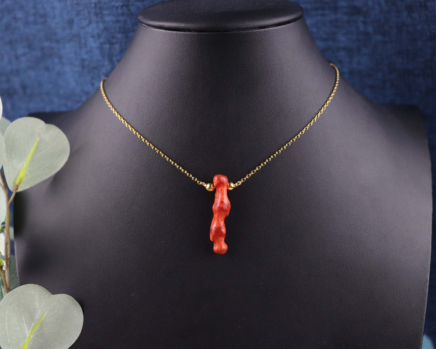 Red Coral Pendant Chain Necklace, Gold Chain Choker, Natural Gemstones