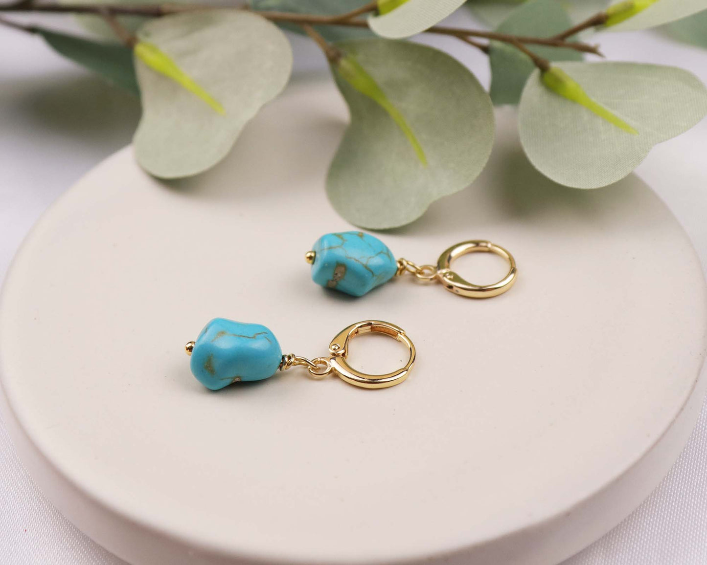 Blue Turquoise Stone Beaded Earrings, Dangle Drop Earrings, Hoop Earrings