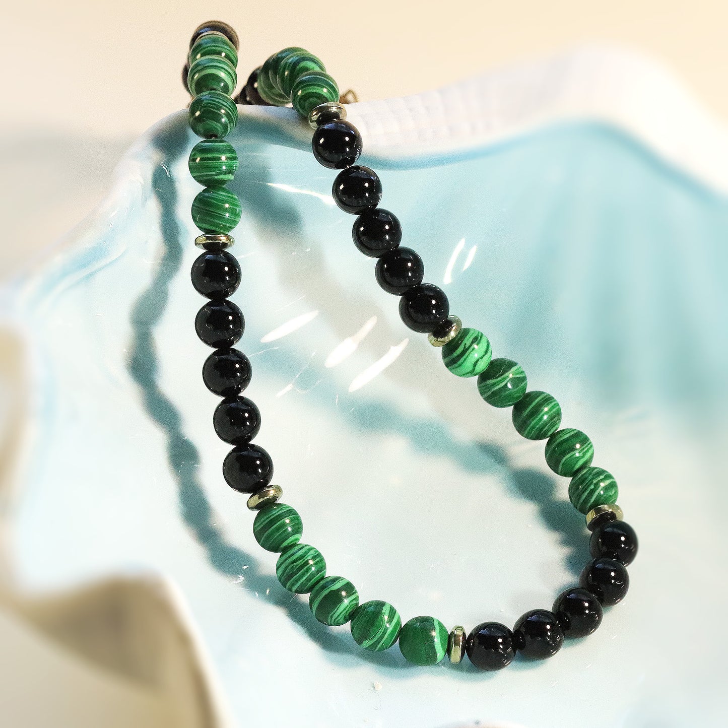 Malachite and Black Onyx 7mm Beaded Necklace, Bracelet, Natural Gemstones