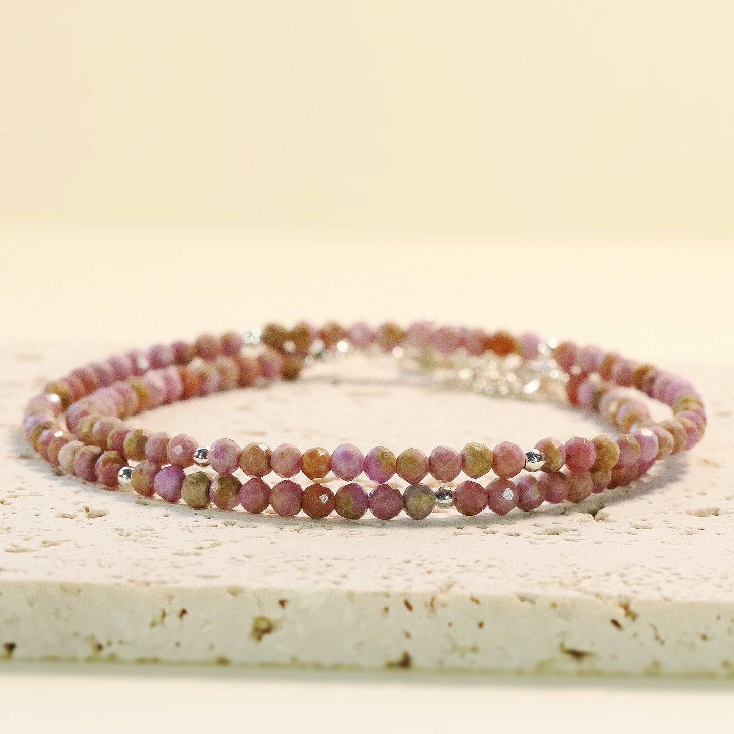 Pink Mica 3mm Faceted Beaded Choker, Bracelet, Natural Gemstones