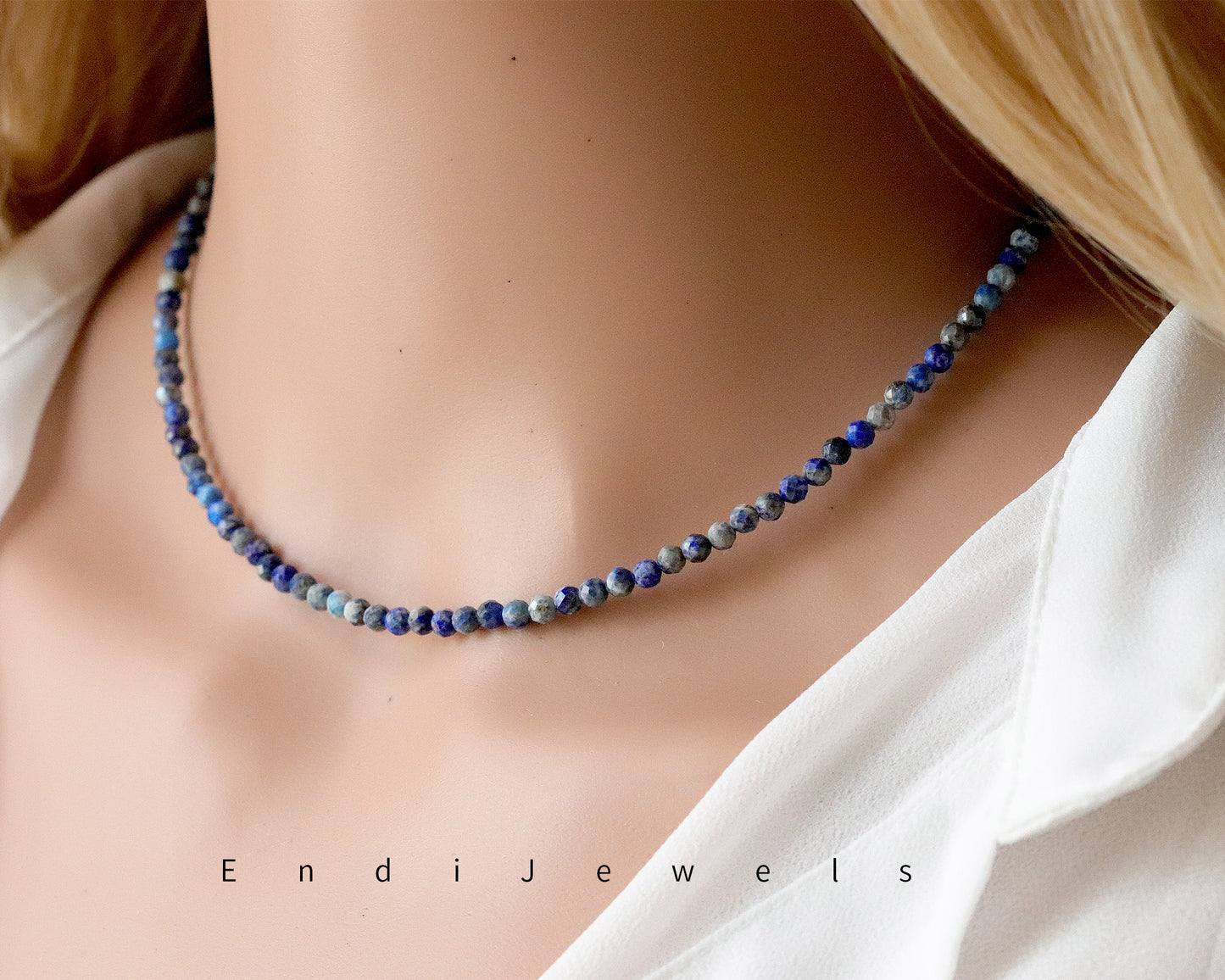 Lapis Lazuli 3mm Faceted Beaded Choker, Bracelet, Natural Gemstones, Lapis Lazuli AB Beads