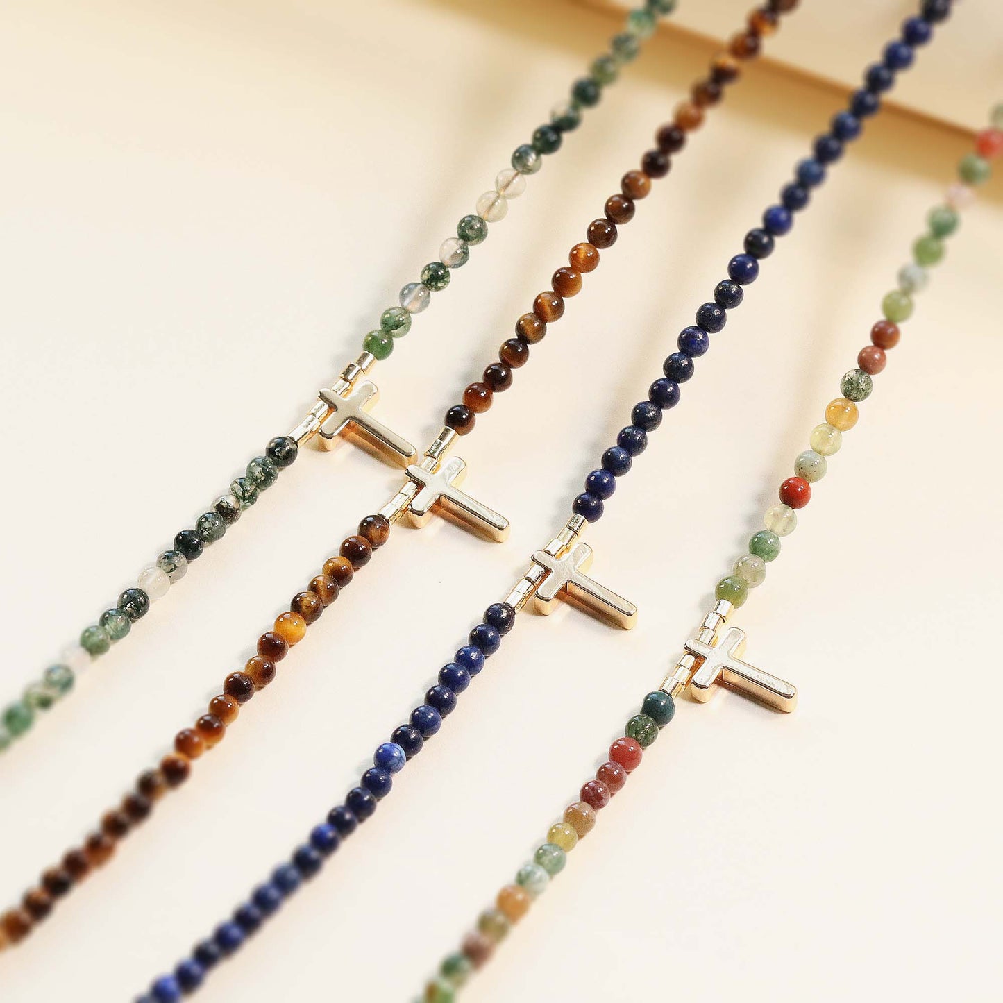 Natural Gemstone Beaded Choker with Cross Pendant, 3mm Beads, Moss Agate, Indian Jasper, Lapis Lazuli, Tiger's Eye