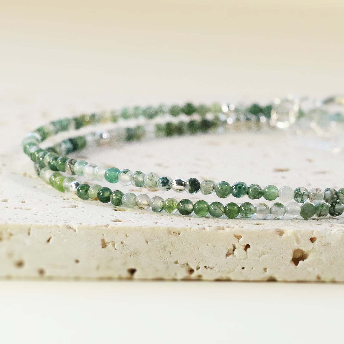 Moss Agate 2mm Round Beaded Choker, Bracelet, Natural Gemstones