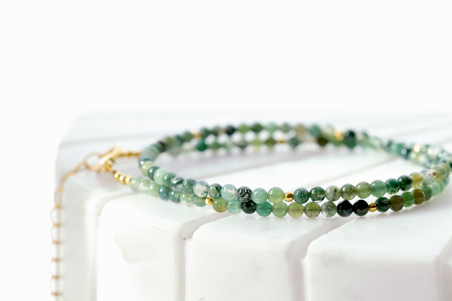 Moss Agate 3mm Round Beaded Choker, Bracelet, Natural Green Gemstones