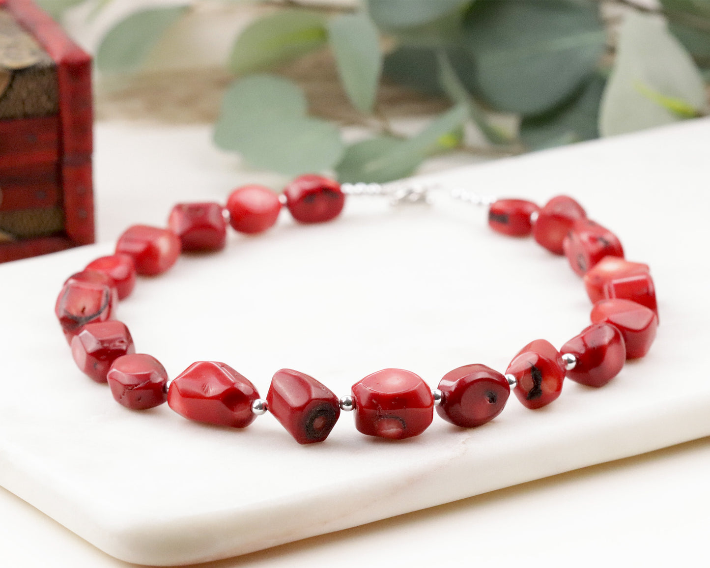 Red Coral Large Beaded Necklace, Bracelet, Natural Gemstones, Handmade Necklace