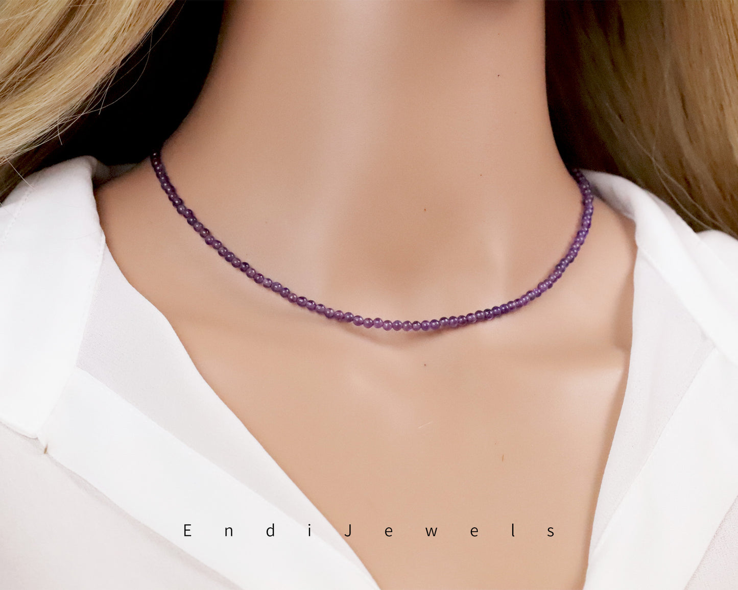 Amethyst 3mm Round Beaded Choker, Bracelet, Natural Purple Gemstones