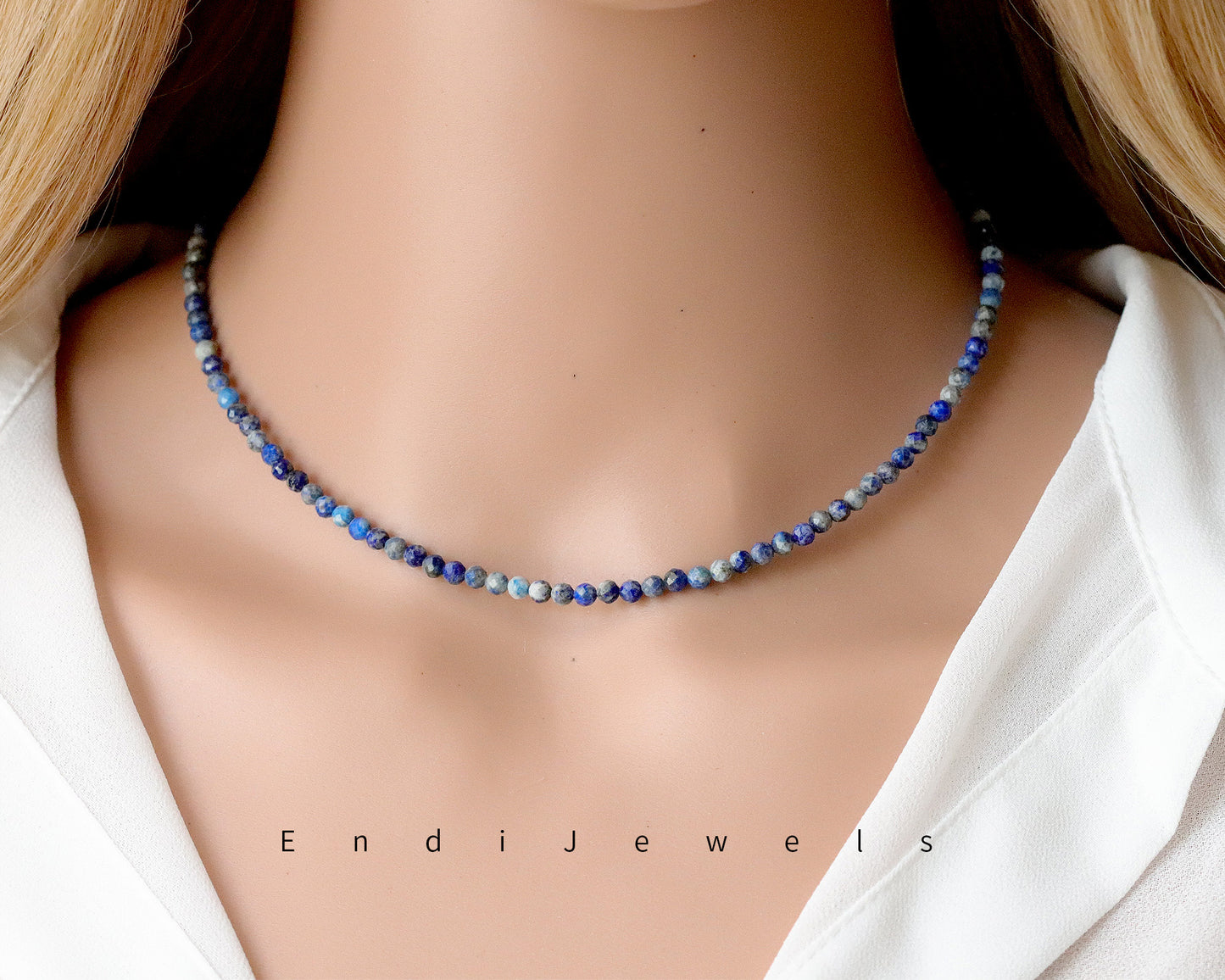 Lapis Lazuli 3mm Faceted Beaded Choker, Bracelet, Natural Gemstones, Lapis Lazuli AB Beads