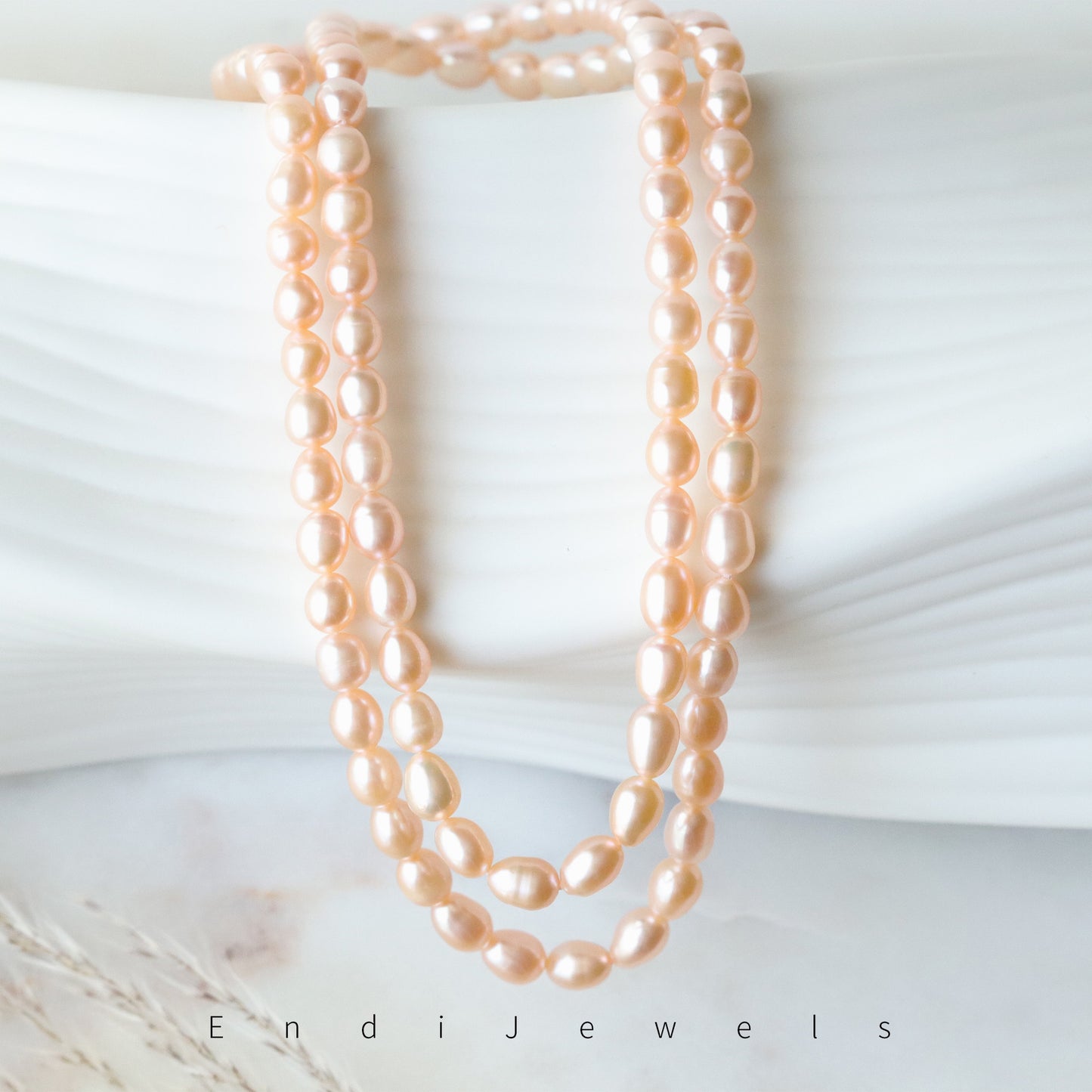 Pink Freshwater 5mm Oval-shaped Beaded Long Necklace, Real Pearls