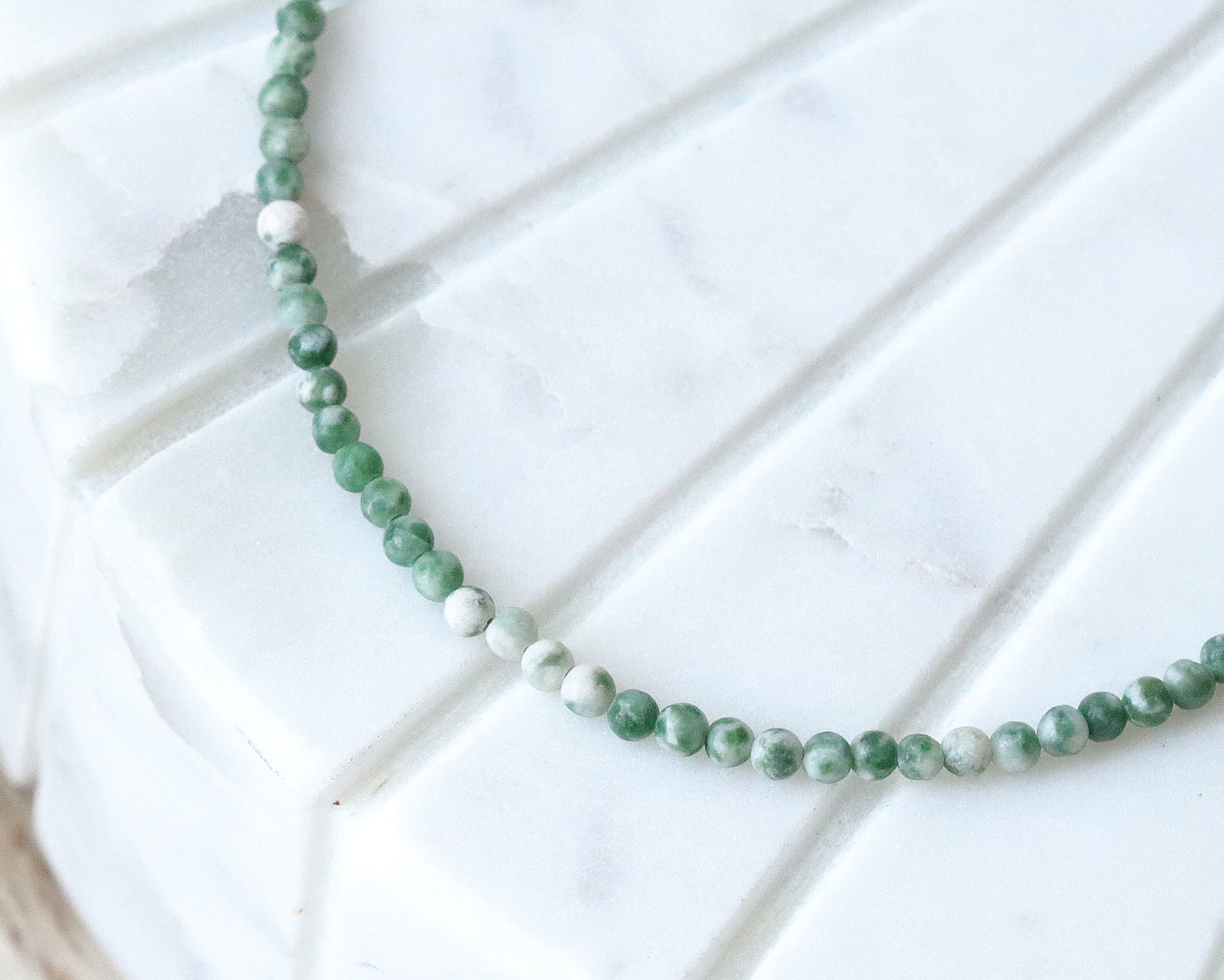 Green Spots 3mm Round Beaded Choker, Bracelet, Natural Gemstones